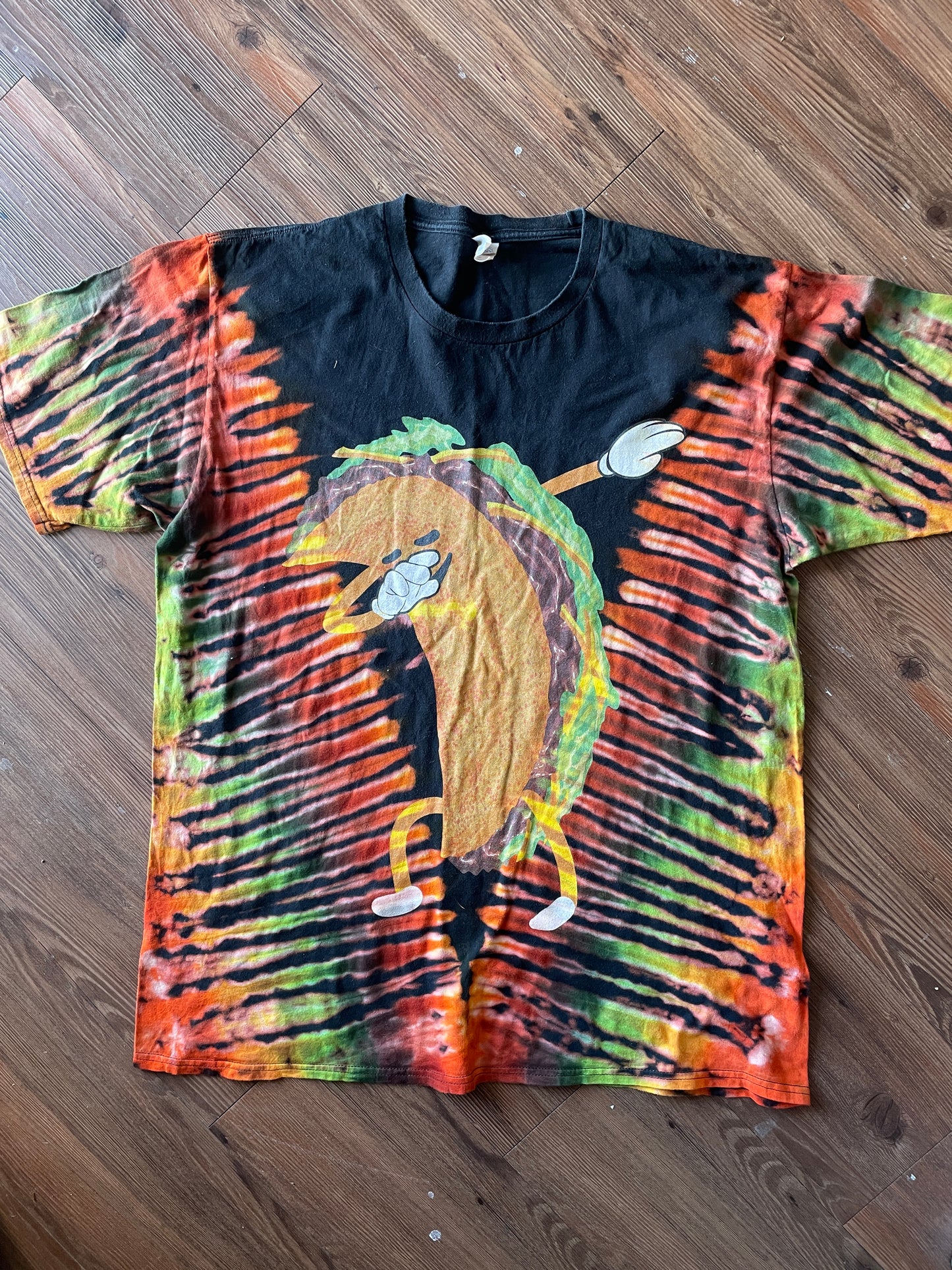 XL Men’s Taco Dabbing Tie Dye T-Shirt | Black, Green, and Orange Handmade Reverse Tie Dye Short Sleeve