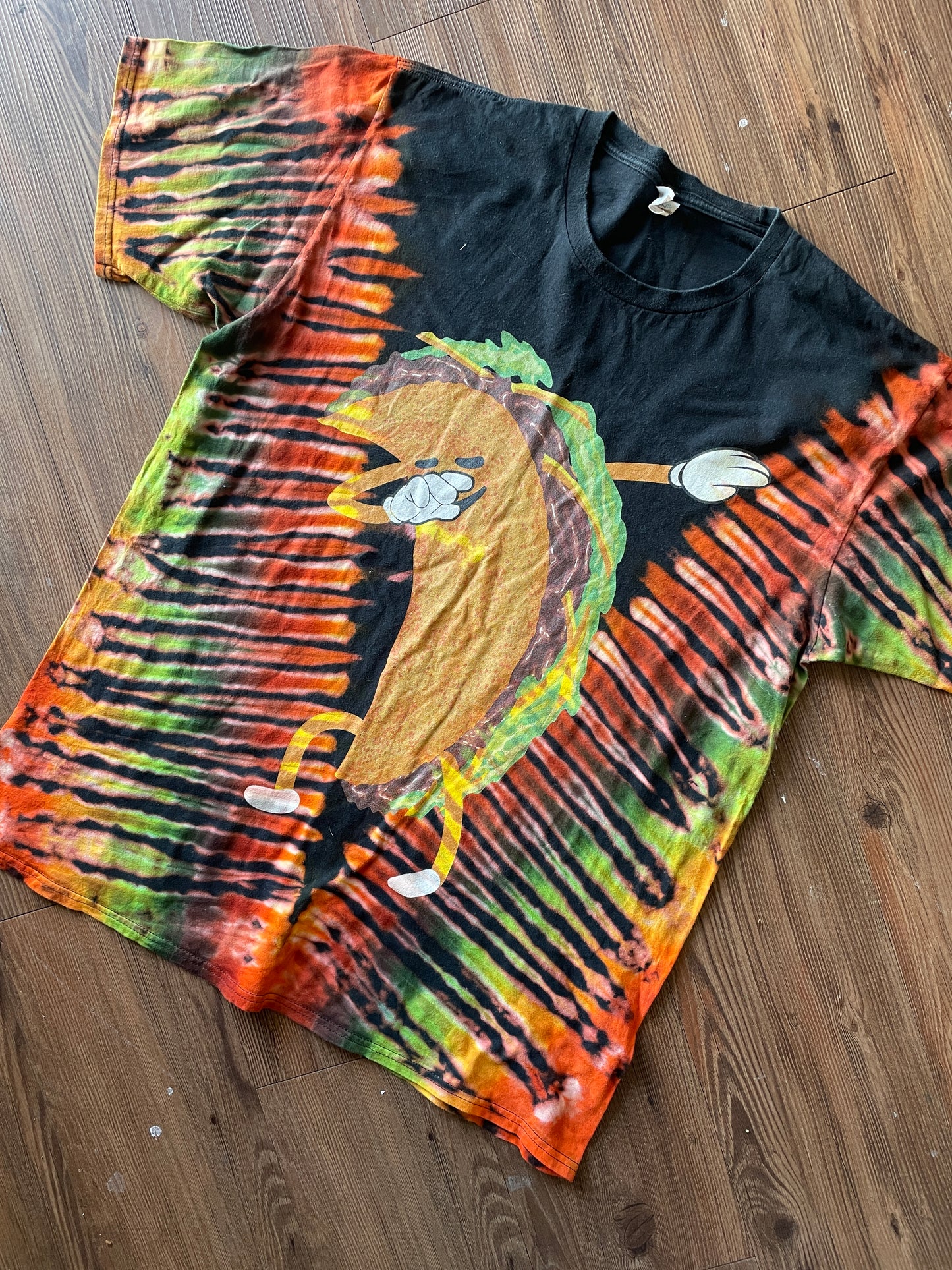 XL Men’s Taco Dabbing Tie Dye T-Shirt | Black, Green, and Orange Handmade Reverse Tie Dye Short Sleeve
