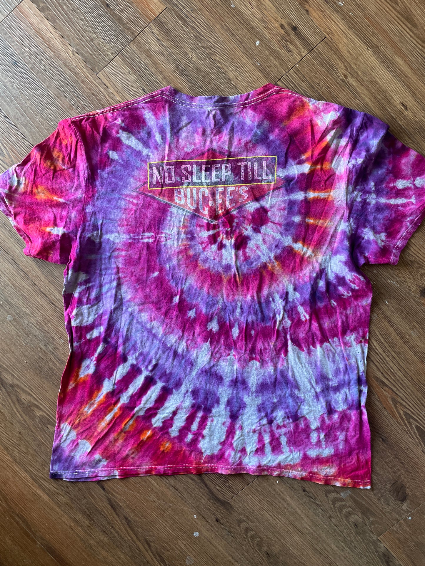 XL Women’s Buccee’s Tie Dye T-Shirt | Pink and Purple No Sleep Til Buccee’s Handmade Spiral Tie Dye Short Sleeve