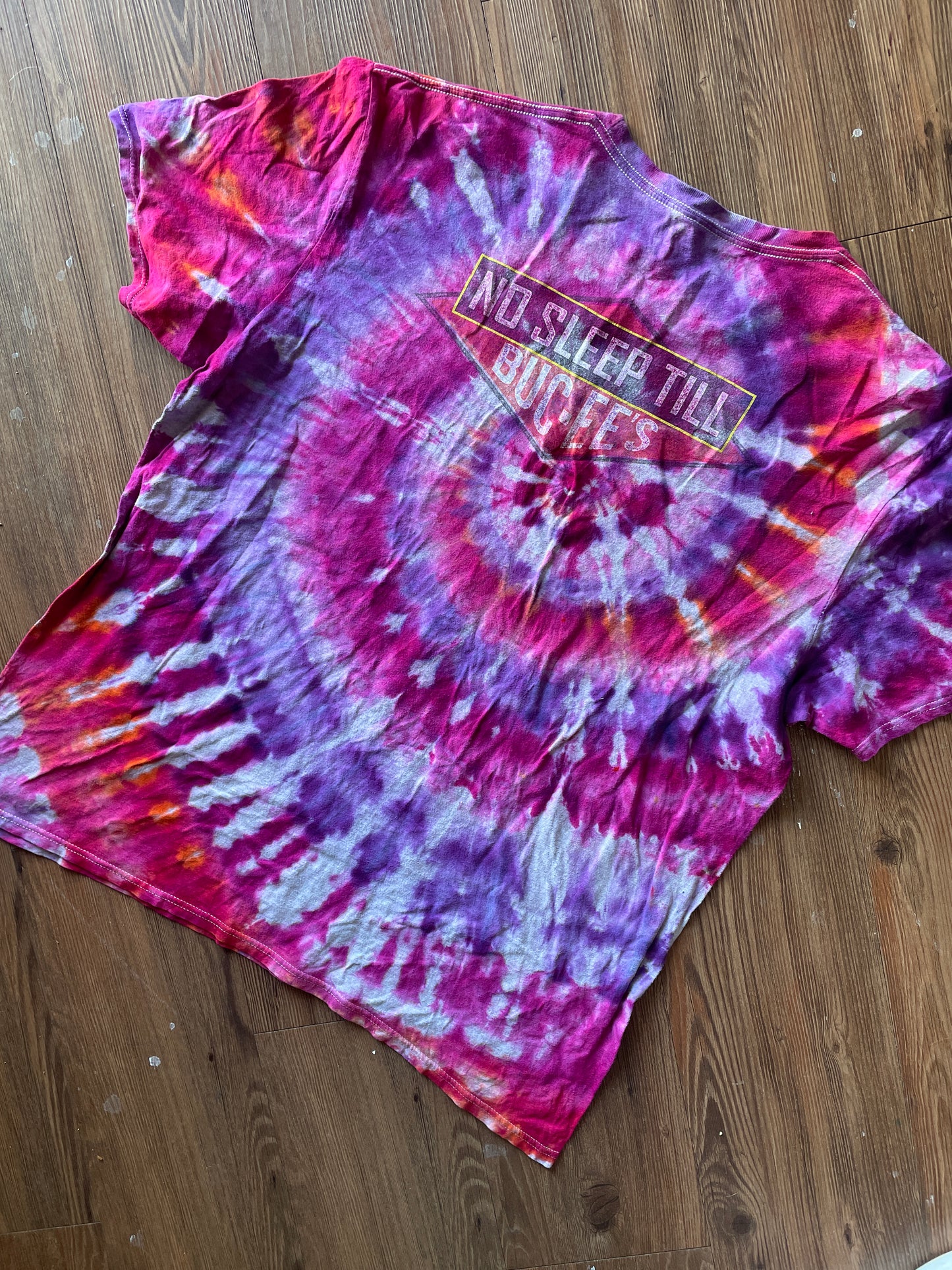 XL Women’s Buccee’s Tie Dye T-Shirt | Pink and Purple No Sleep Til Buccee’s Handmade Spiral Tie Dye Short Sleeve