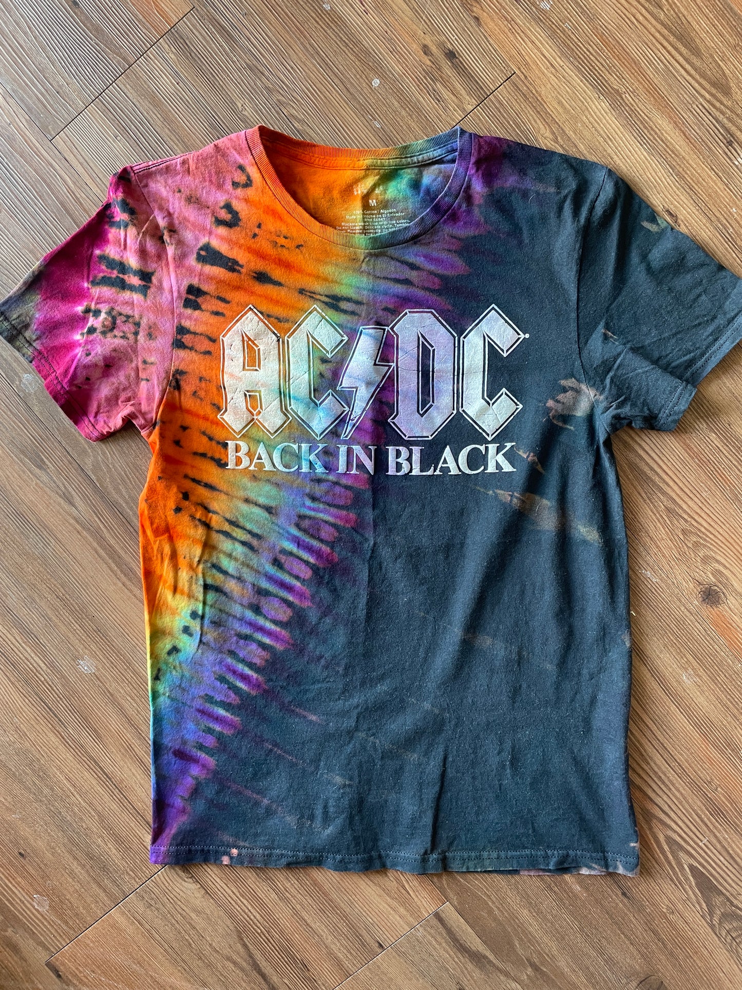 MEDIUM Men’s AC/DC Rainbow Tie Dye T-Shirt | 70s Rock Band Handmade Reverse Tie Dye Short Sleeve