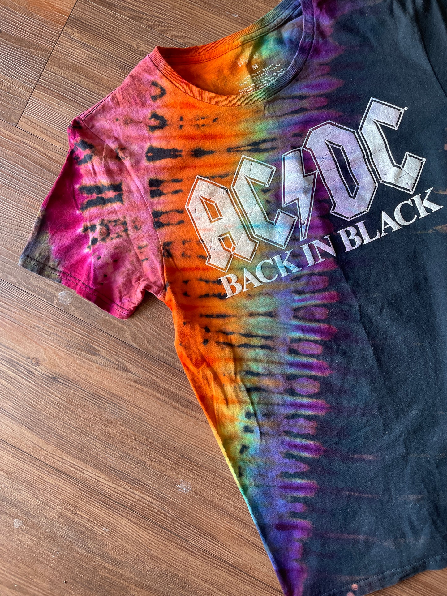 MEDIUM Men’s AC/DC Rainbow Tie Dye T-Shirt | 70s Rock Band Handmade Reverse Tie Dye Short Sleeve