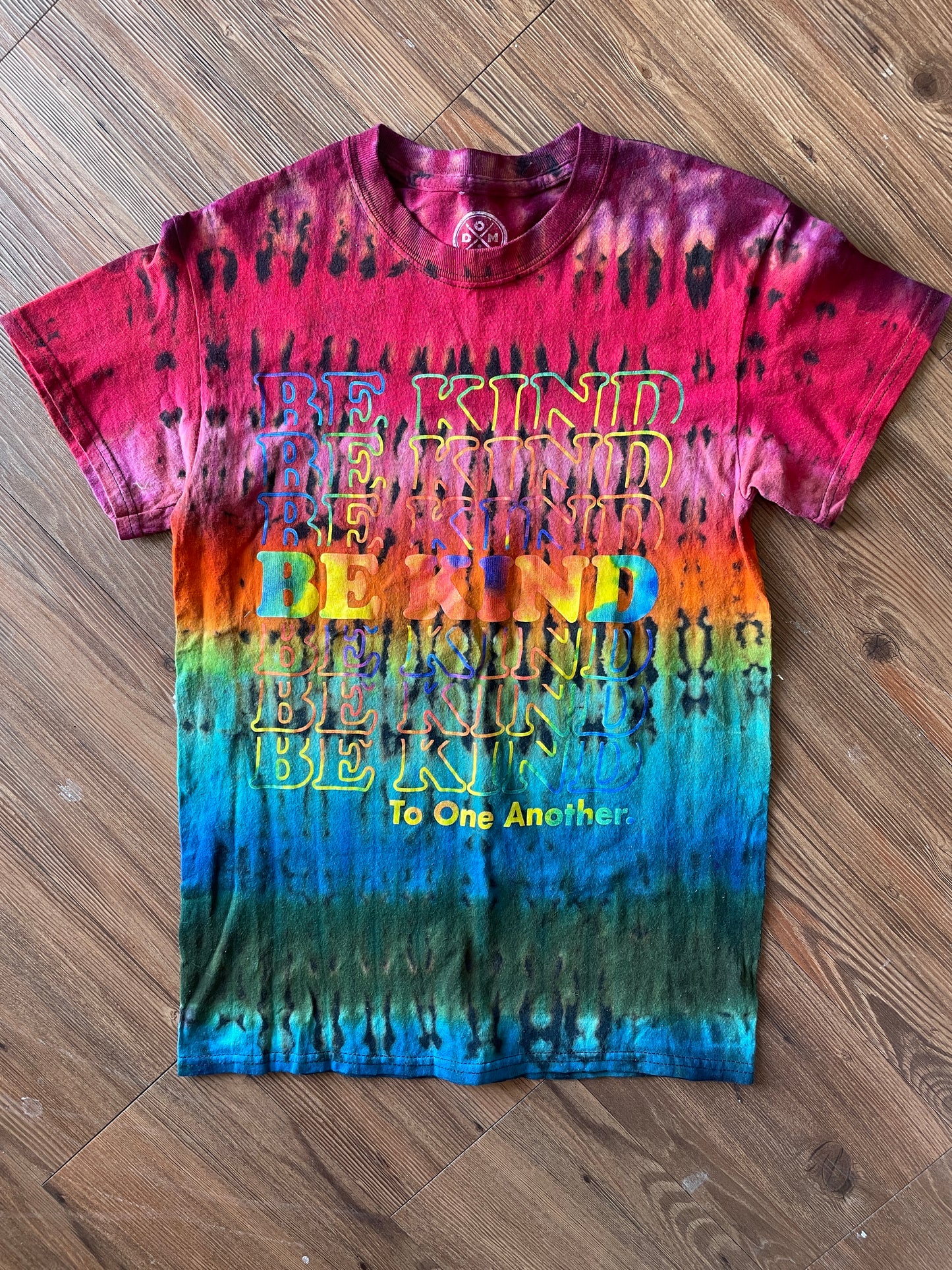 SMALL Men’s Be Kind To One Another Rainbow T-Shirt | Black and Rainbow Handmade Reverse Tie Dye Short Sleeve