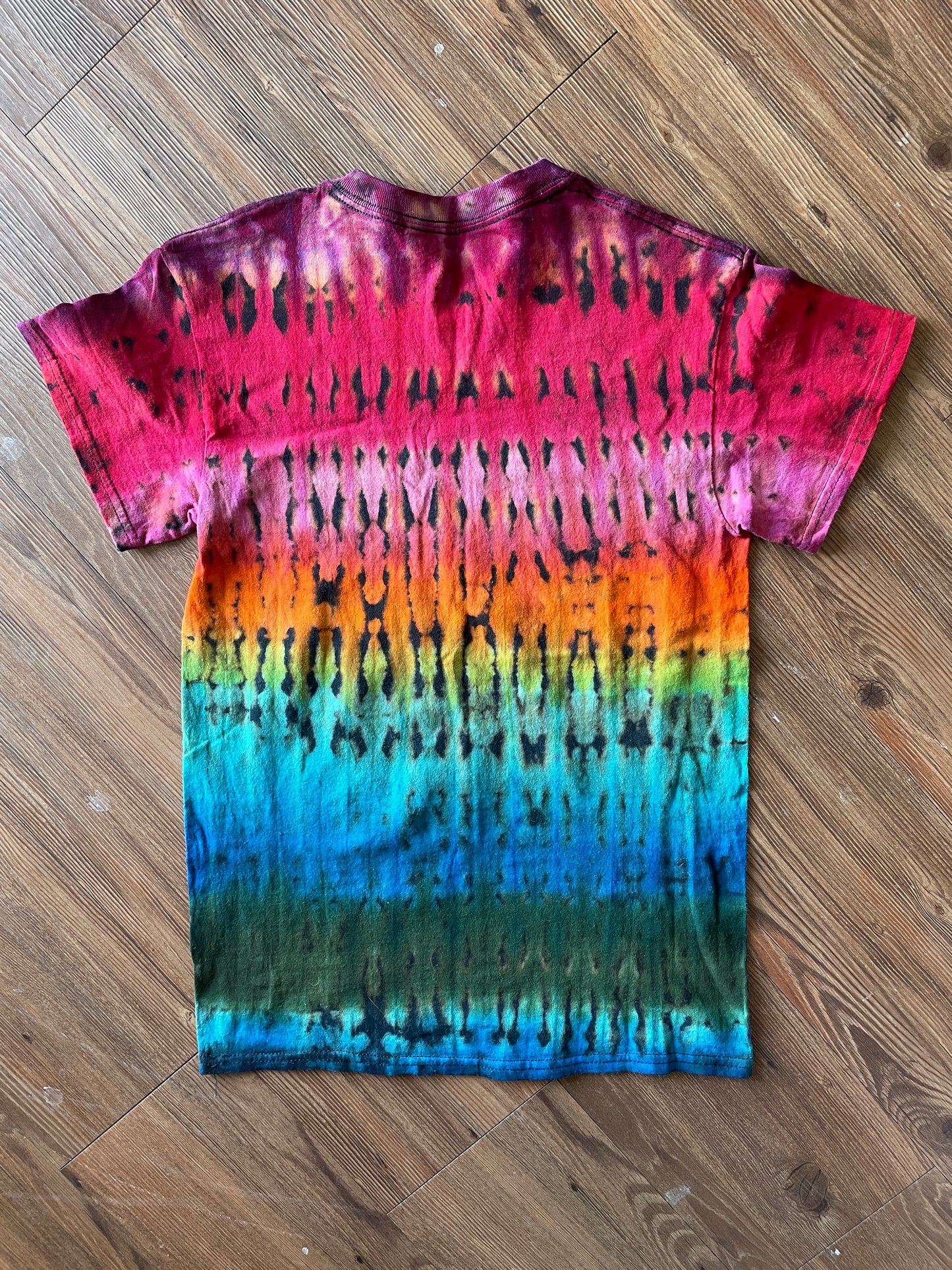 SMALL Men’s Be Kind To One Another Rainbow T-Shirt | Black and Rainbow Handmade Reverse Tie Dye Short Sleeve