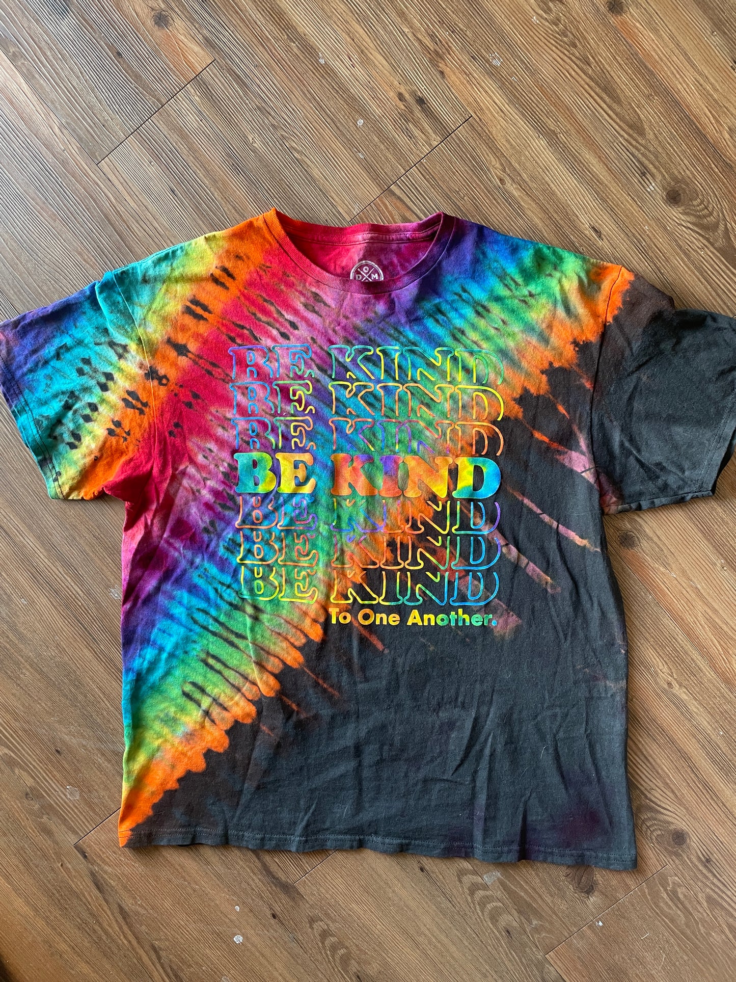 XL Men’s Be Kind To One Another Rainbow T-Shirt | Black and Rainbow Handmade Reverse Tie Dye Short Sleeve