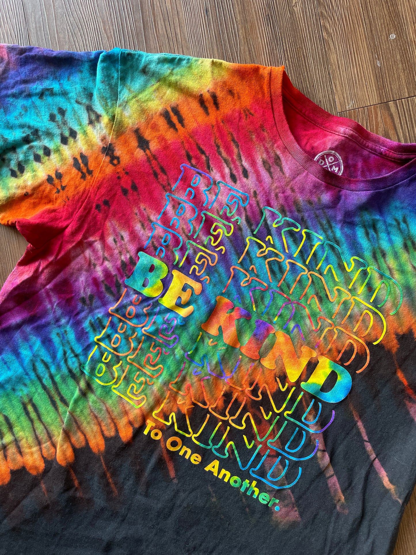 XL Men’s Be Kind To One Another Rainbow T-Shirt | Black and Rainbow Handmade Reverse Tie Dye Short Sleeve