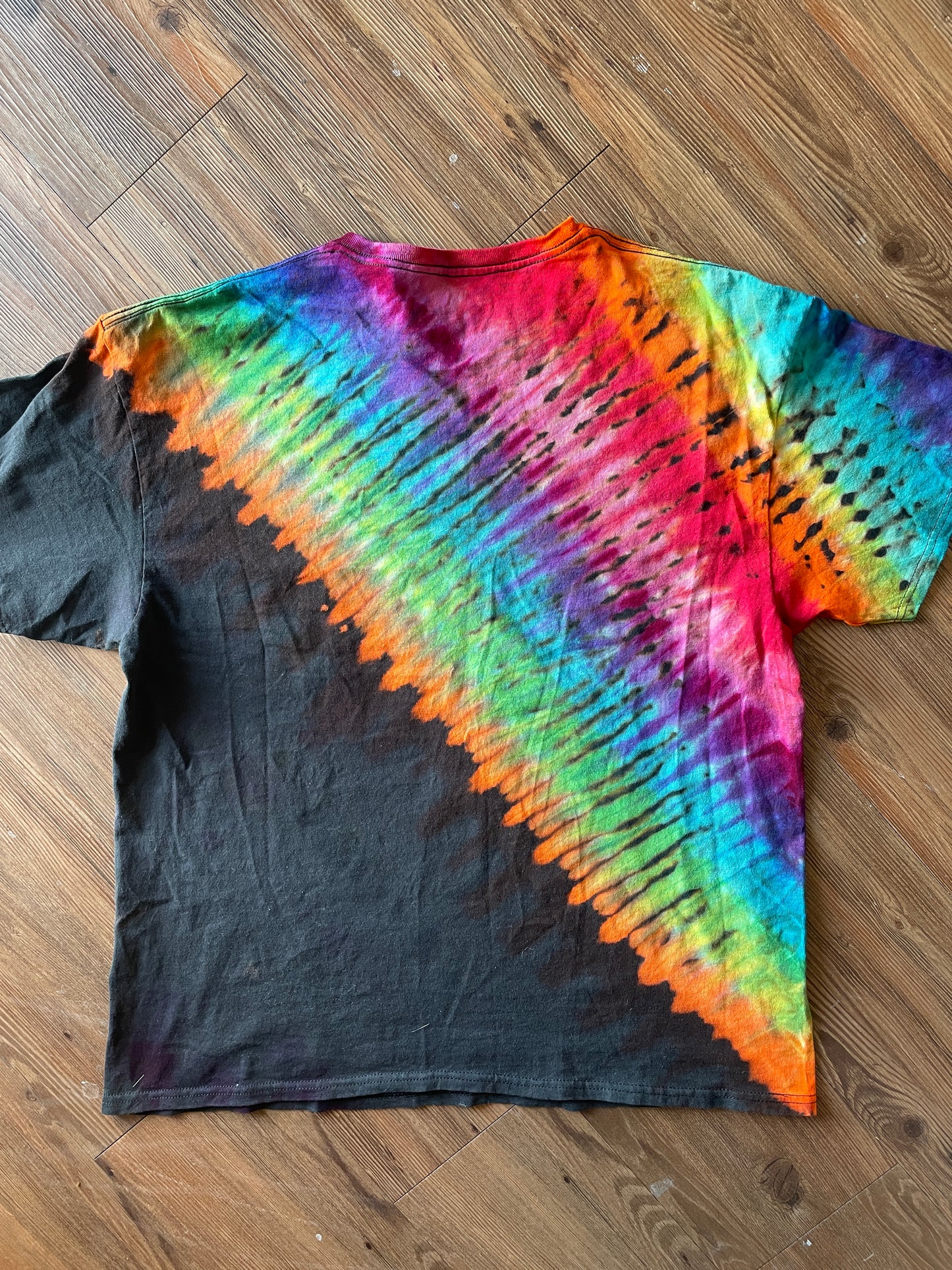 XL Men’s Be Kind To One Another Rainbow T-Shirt | Black and Rainbow Handmade Reverse Tie Dye Short Sleeve