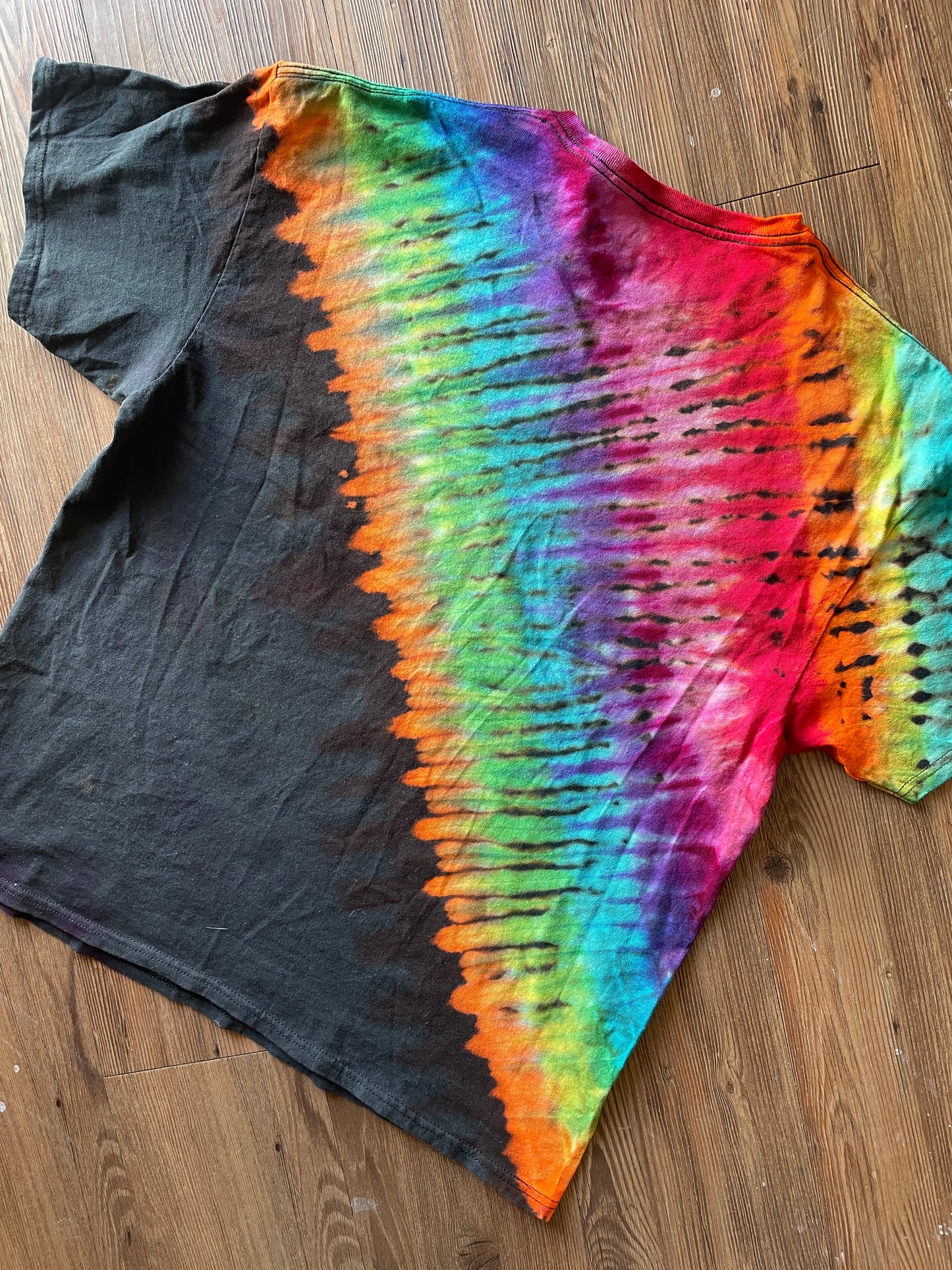 XL Men’s Be Kind To One Another Rainbow T-Shirt | Black and Rainbow Handmade Reverse Tie Dye Short Sleeve