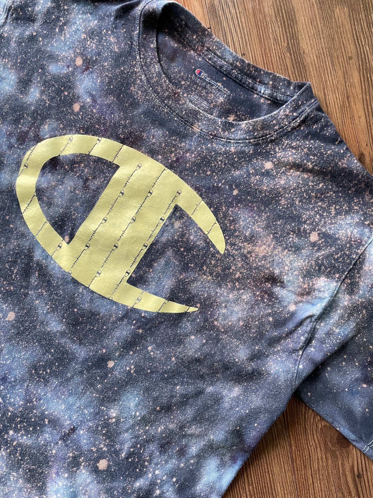 Medium Men’s Champion Handmade Tie Dye T-Shirt | Blue, Black and Gray Marble Ice Dye Tie Dye Short Sleeve