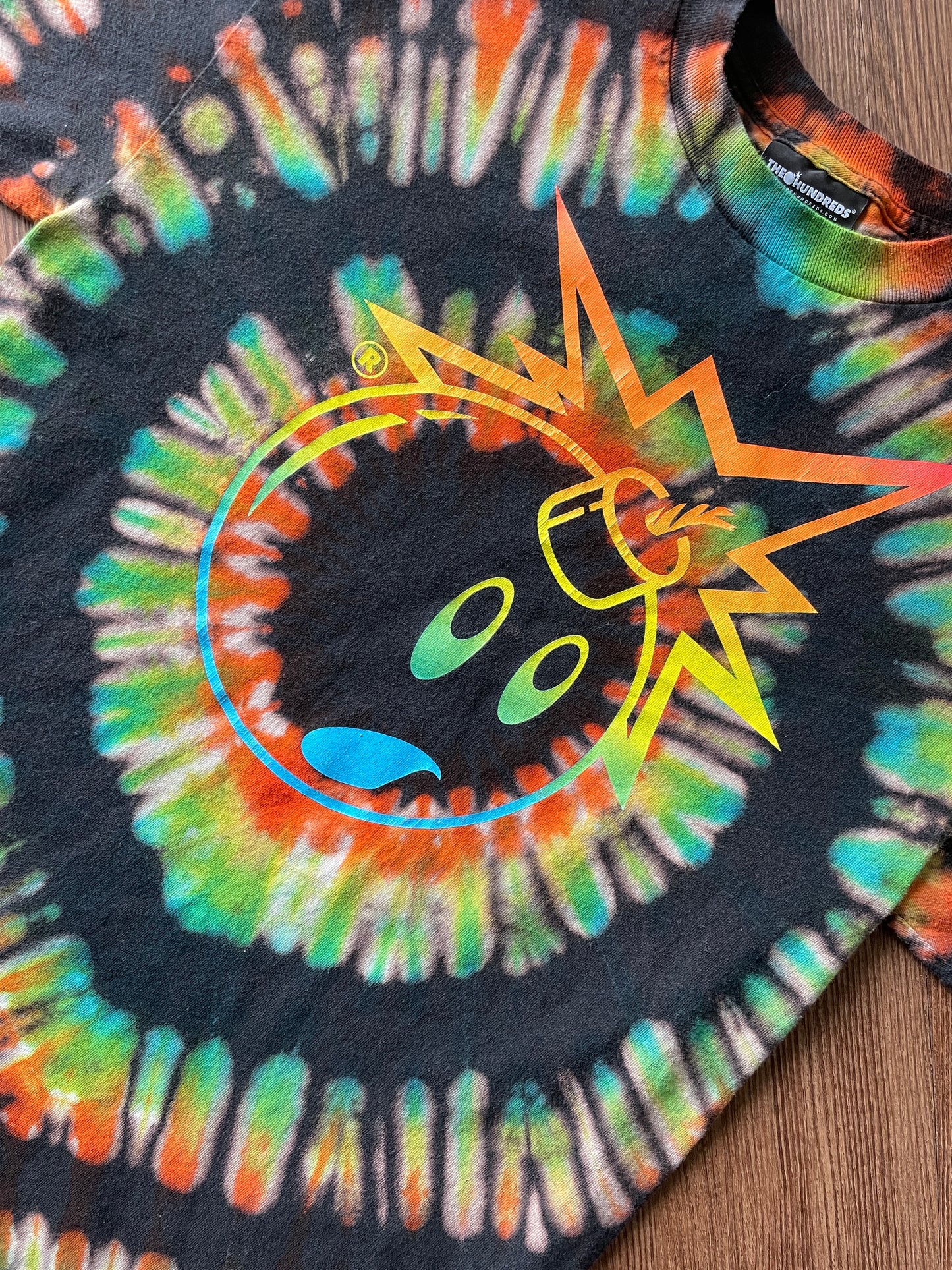 Medium Men’s The Hundreds Bomb Handmade Tie Dye T-Shirt | Black, Blue, and Orange Pleated Tie Dye Short Sleeve