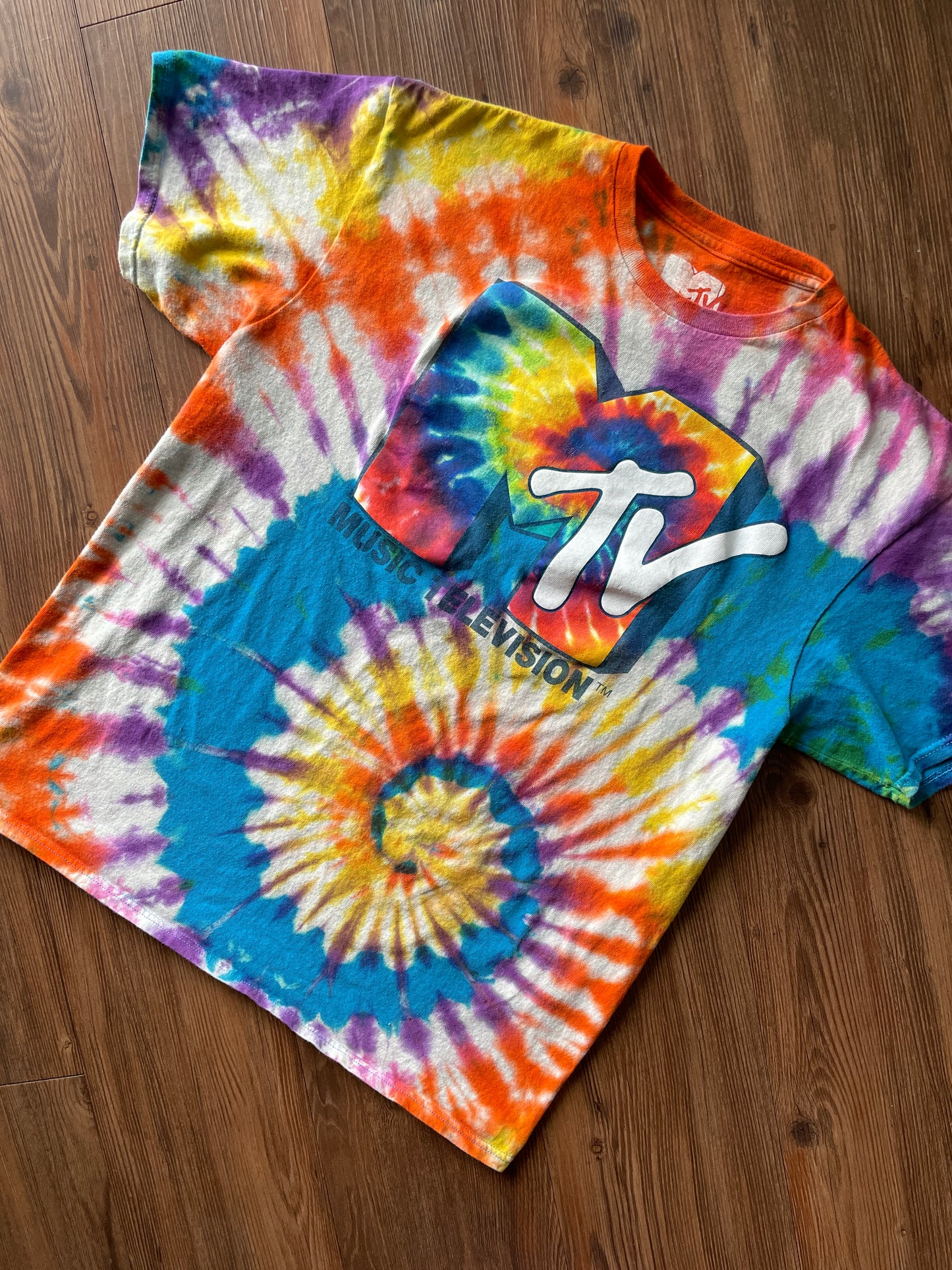 Medium Men’s MTV Handmade Tie Dye T-Shirt | Blue, Red, and Yellow Spiral Reverse Tie Dye Short Sleeve