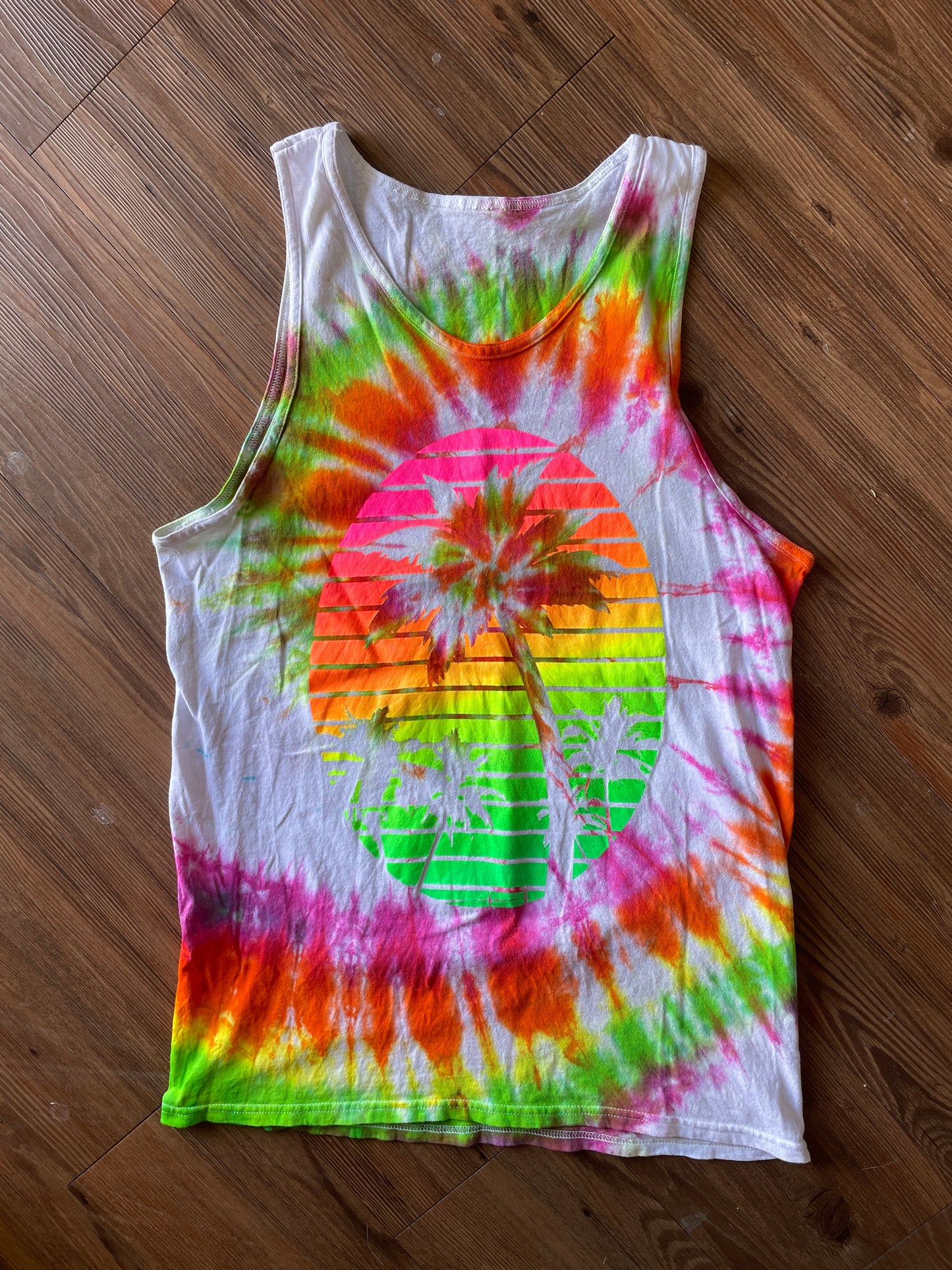 MEDIUM Men’s Neon Palm Tree Tie Dye Tank Top | Orange and Pink Tie Dye Sleeveless Top