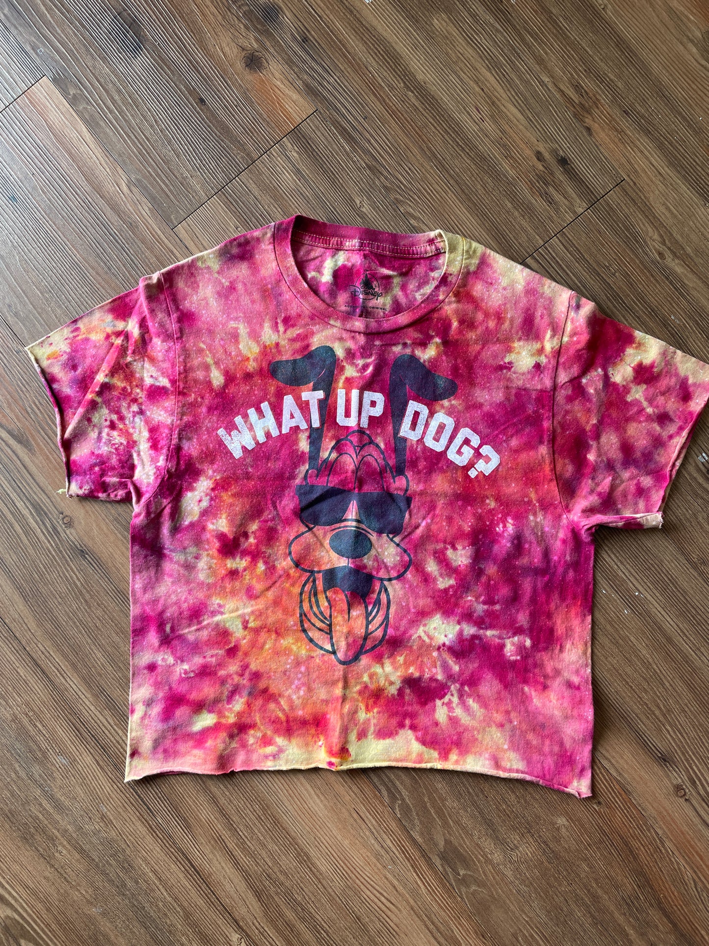 SMALL Women’s Goofy What’s Up Dog Tie Dye Crop Top | Yellow and Pink Disneyland Handmade Reverse Tie Dye Short Sleeve