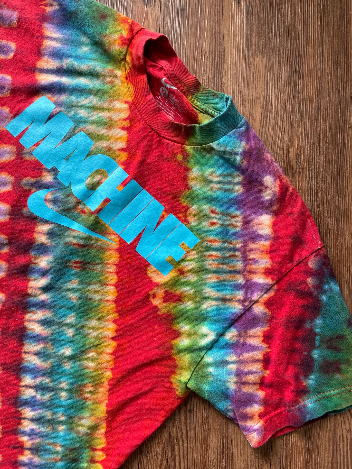 XL Men’s Nike MACHINE Handmade Tie Dye T-Shirt | Red and Rainbow Pleated Tie Dye Short Sleeve