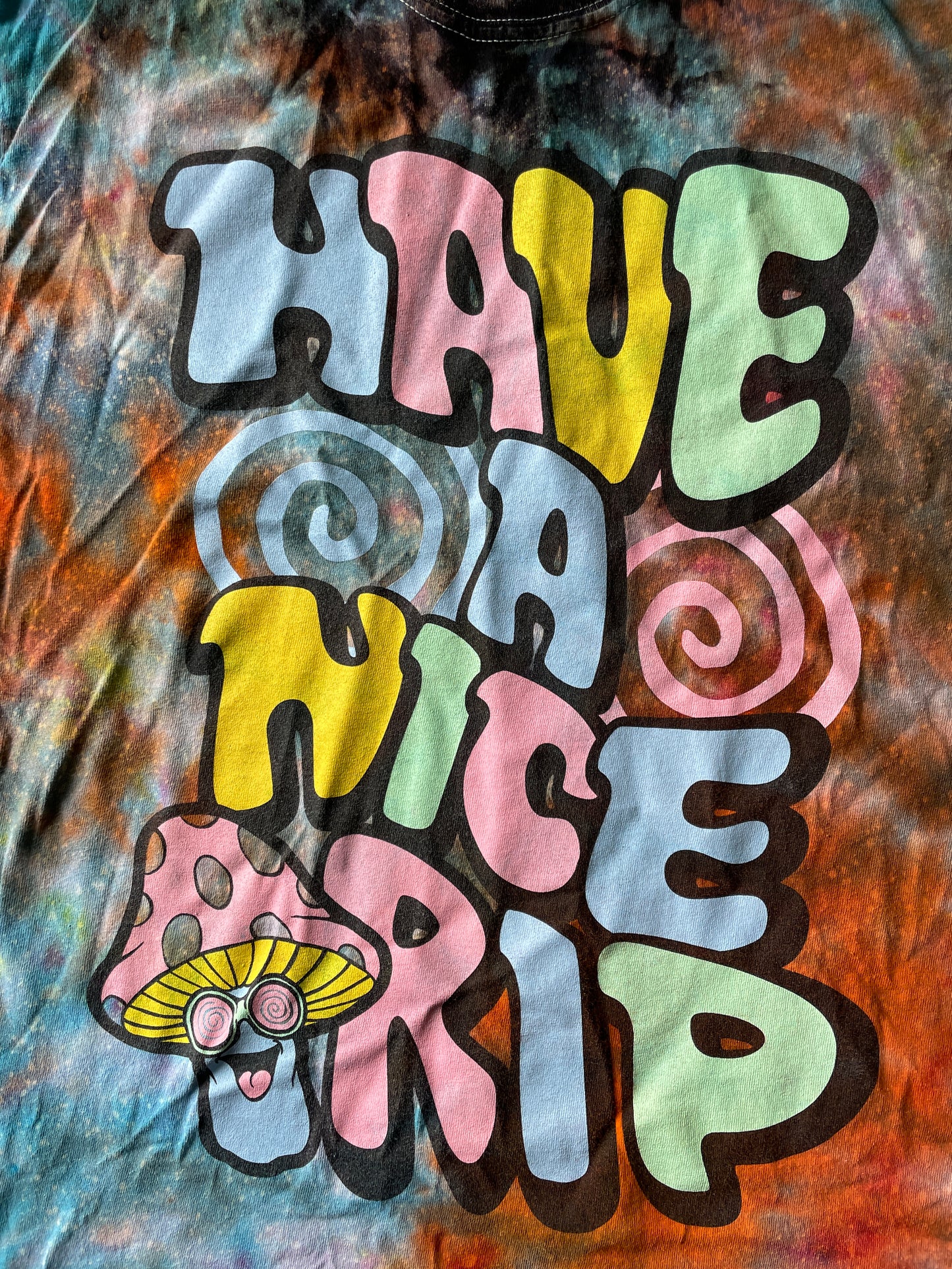 Medium Men’s Have a Nice Trip Handmade Reverse Tie Dye T-Shirt | Blue and Black Crumpled Tie Dye Short Sleeve