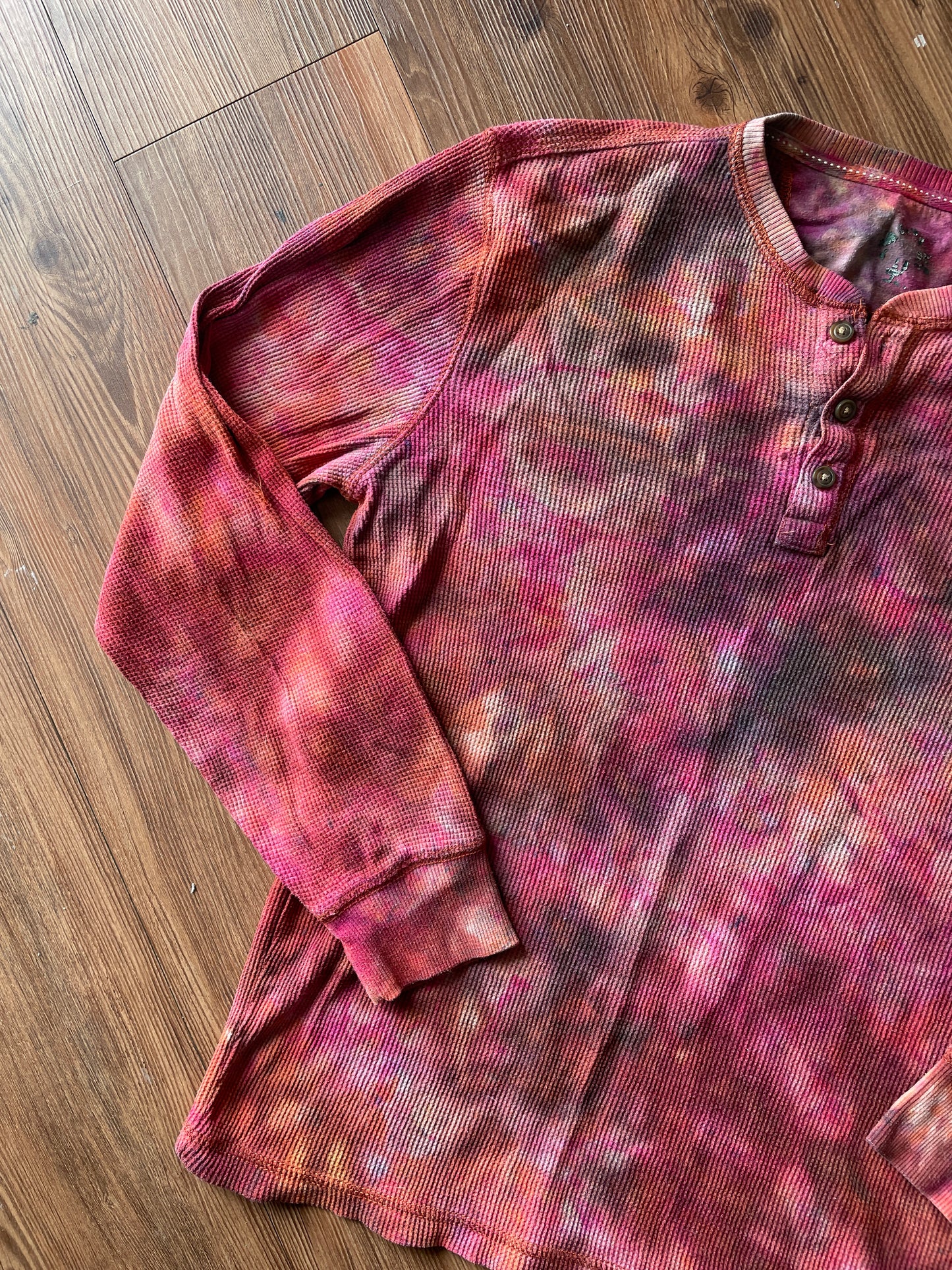 Medium Men’s Earth Tones Tie Dye Henley Shirt | Red and Orange Galaxy Dye Long Sleeve