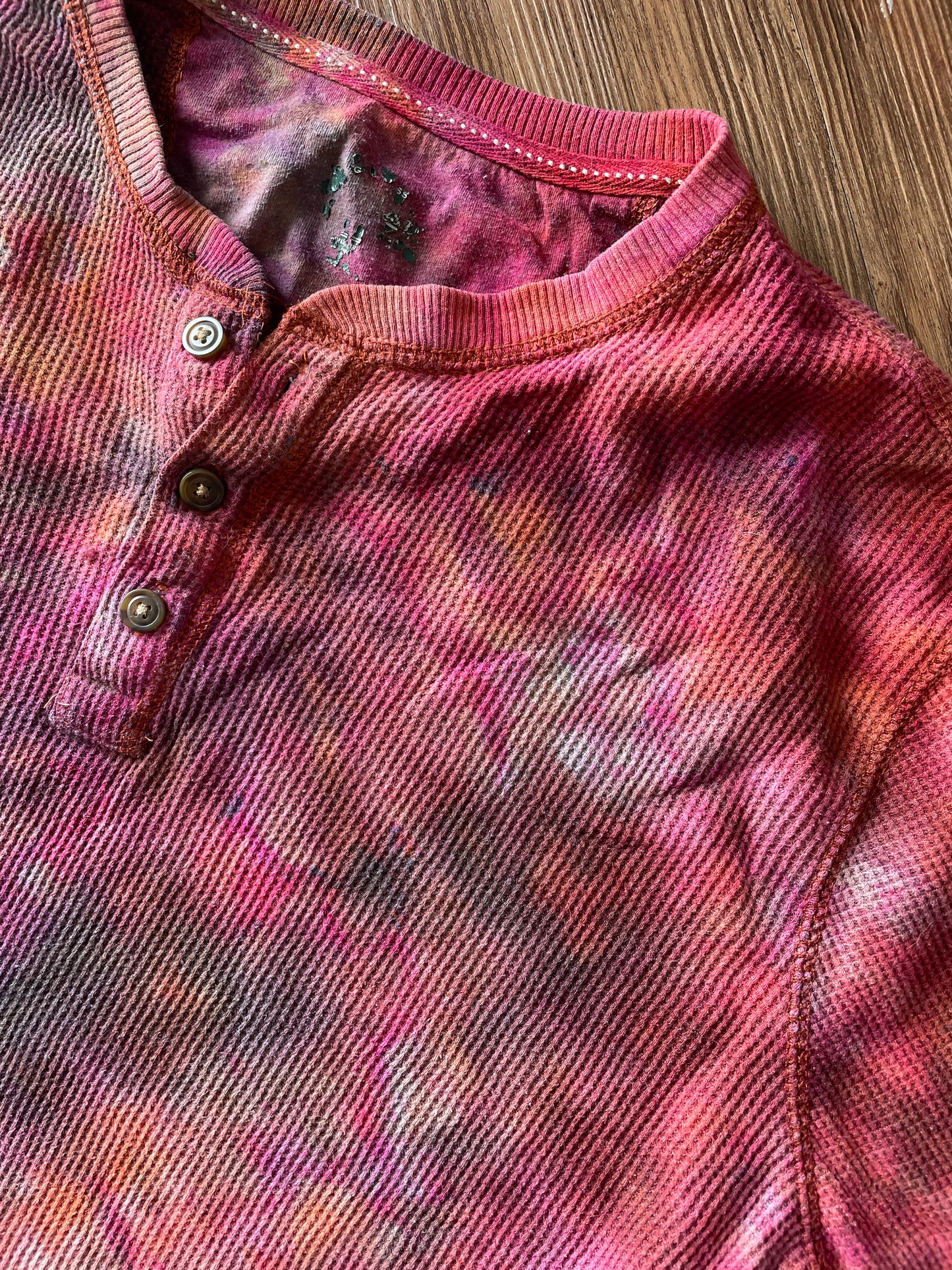 Medium Men’s Earth Tones Tie Dye Henley Shirt | Red and Orange Galaxy Dye Long Sleeve