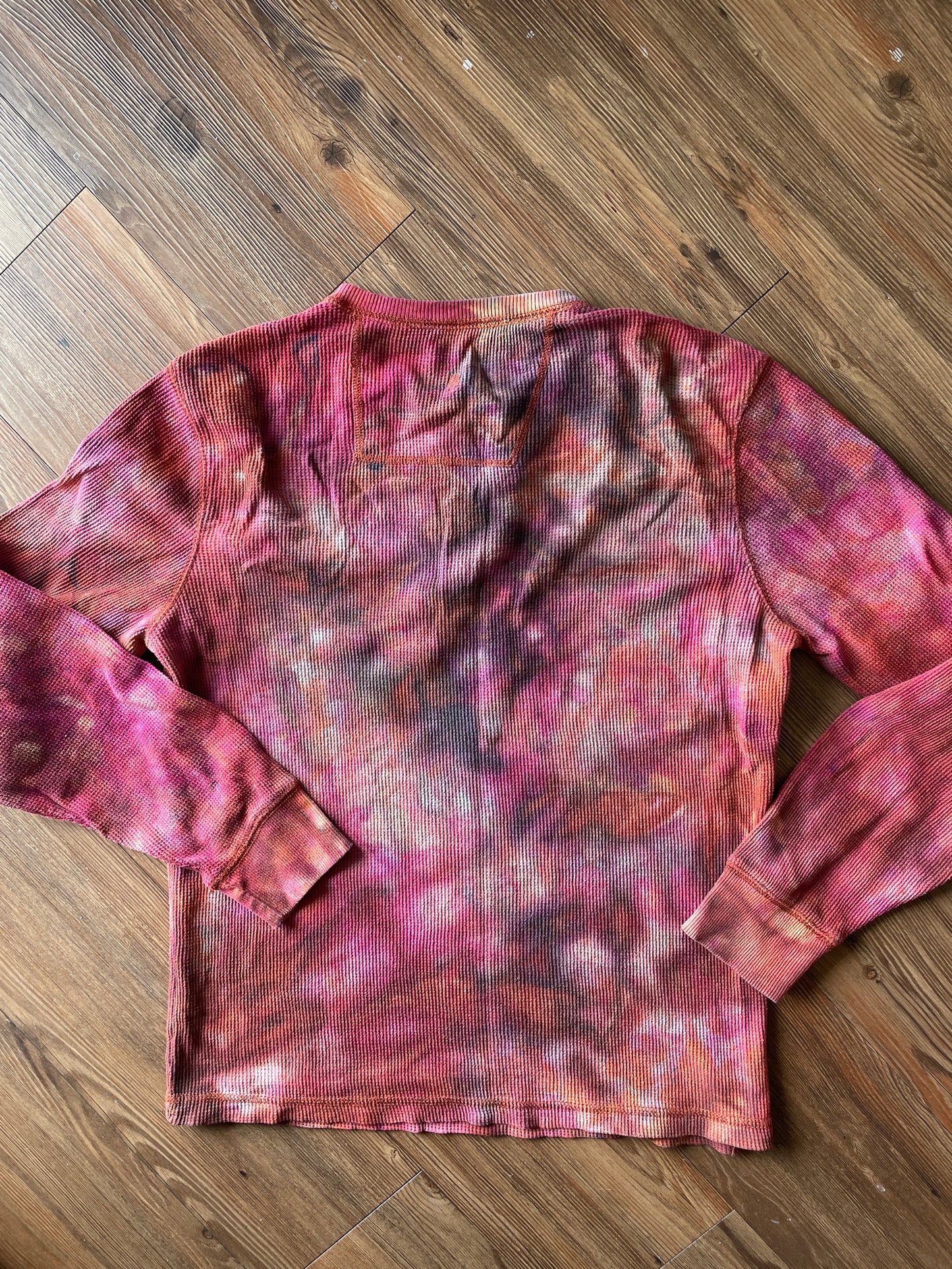 Medium Men’s Earth Tones Tie Dye Henley Shirt | Red and Orange Galaxy Dye Long Sleeve