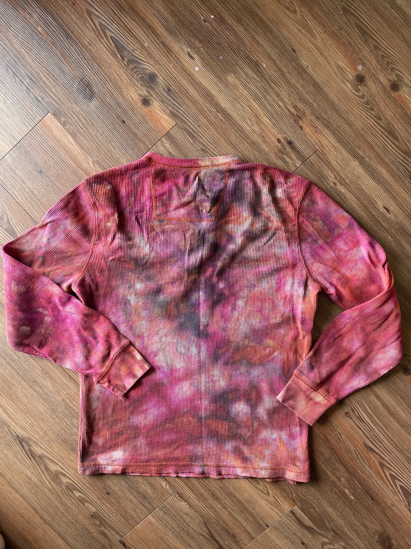 Medium Men’s Earth Tones Tie Dye Henley Shirt | Red and Orange Galaxy Dye Long Sleeve