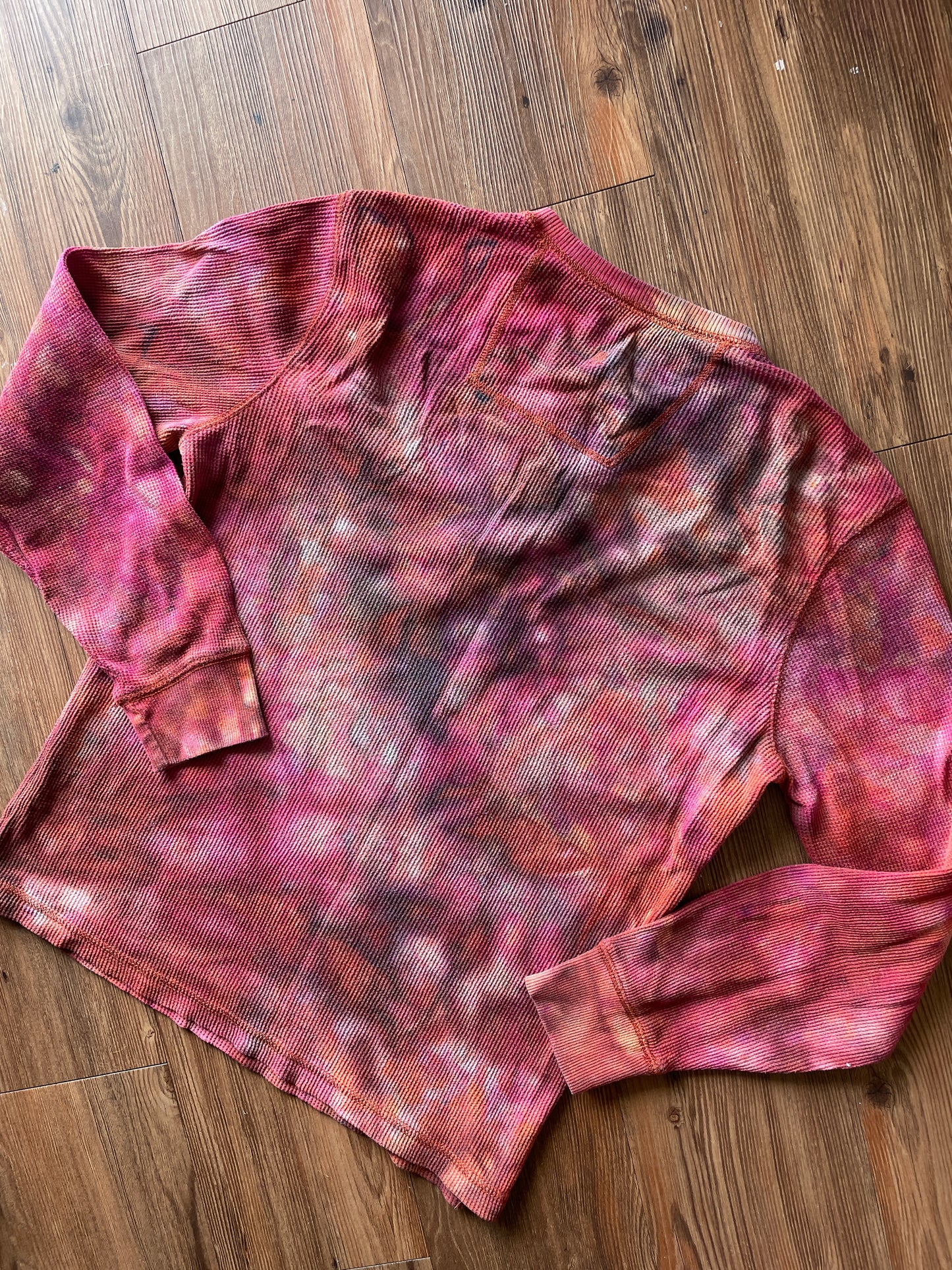 Medium Men’s Earth Tones Tie Dye Henley Shirt | Red and Orange Galaxy Dye Long Sleeve