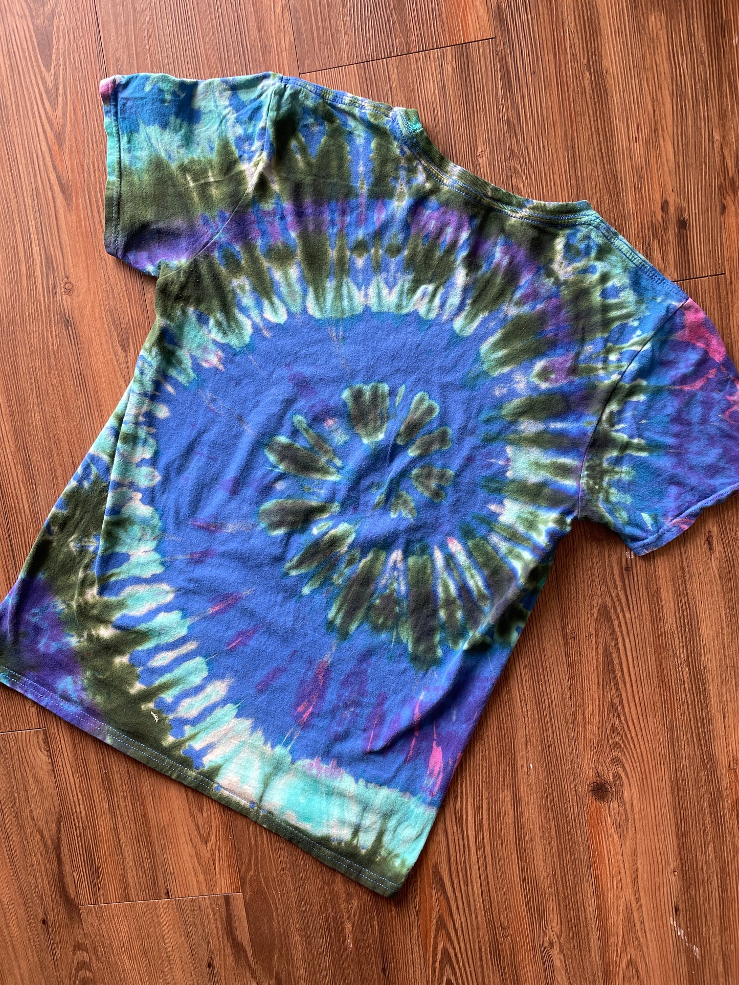 MEDIUM Men’s Rick and Morty Tie Dye T-Shirt | Blue and Green Open Your Eyes Morty Spiral Reverse Tie Dye Short Sleeve