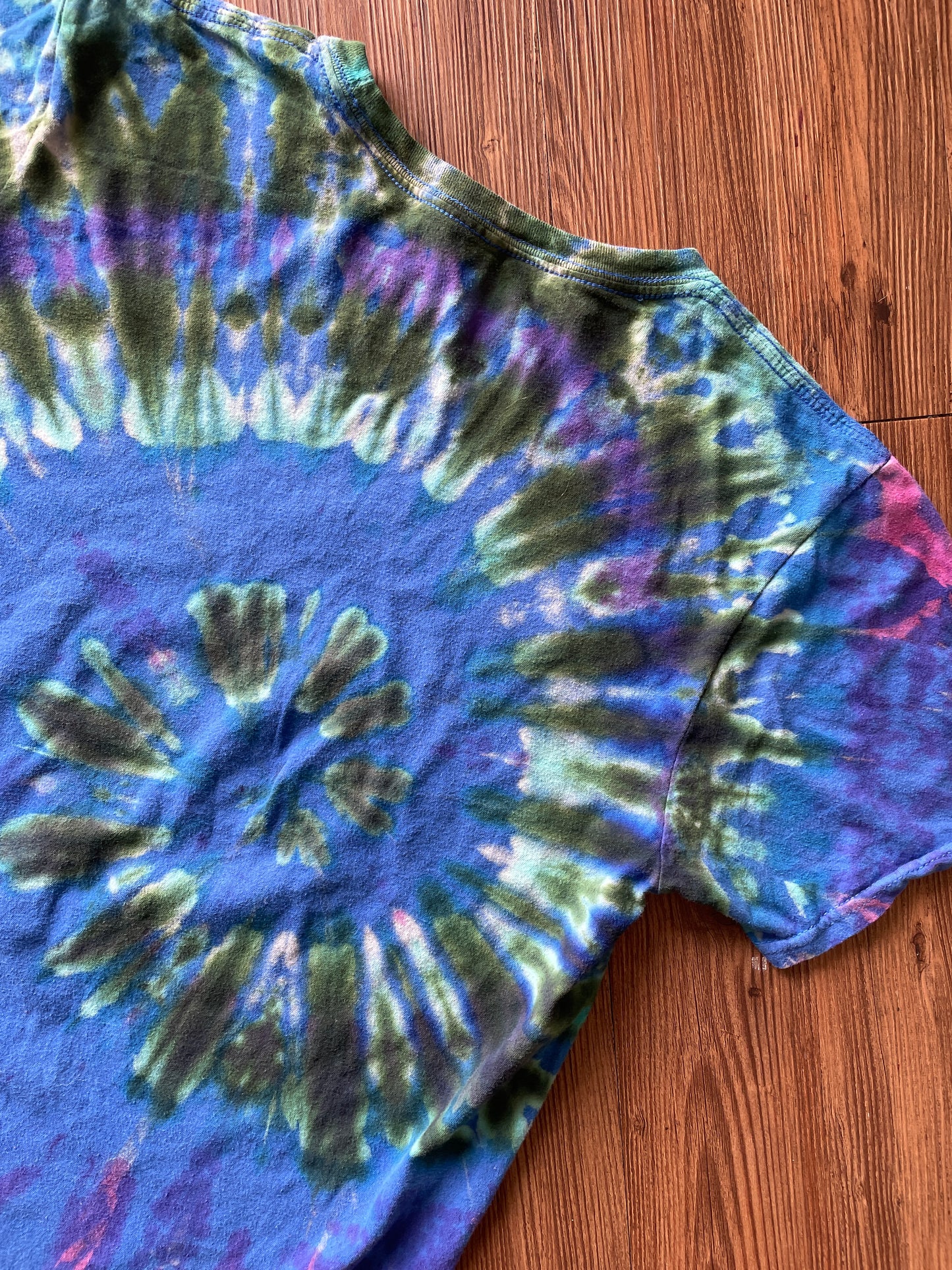 MEDIUM Men’s Rick and Morty Tie Dye T-Shirt | Blue and Green Open Your Eyes Morty Spiral Reverse Tie Dye Short Sleeve