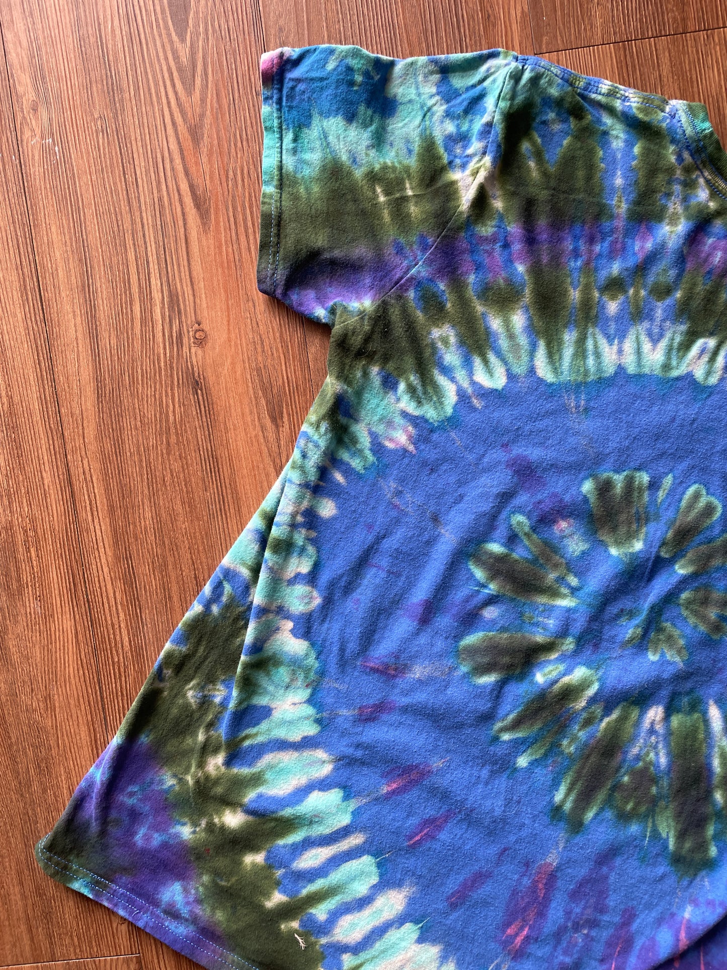 MEDIUM Men’s Rick and Morty Tie Dye T-Shirt | Blue and Green Open Your Eyes Morty Spiral Reverse Tie Dye Short Sleeve