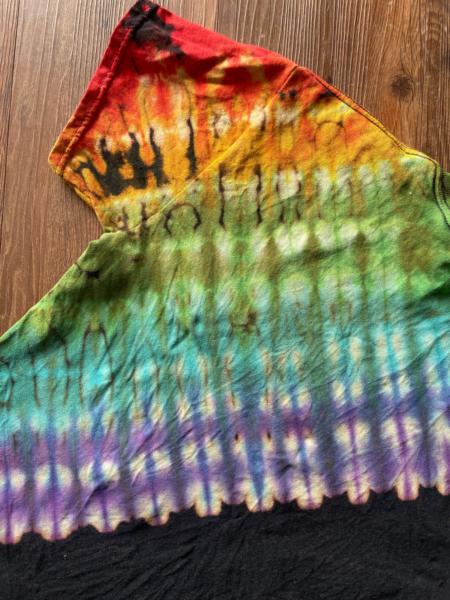 Medium Men’s Be Kind Handmade Tie Dye T-Shirt | Black and Rainbow Pleated Tie Dye Short Sleeve