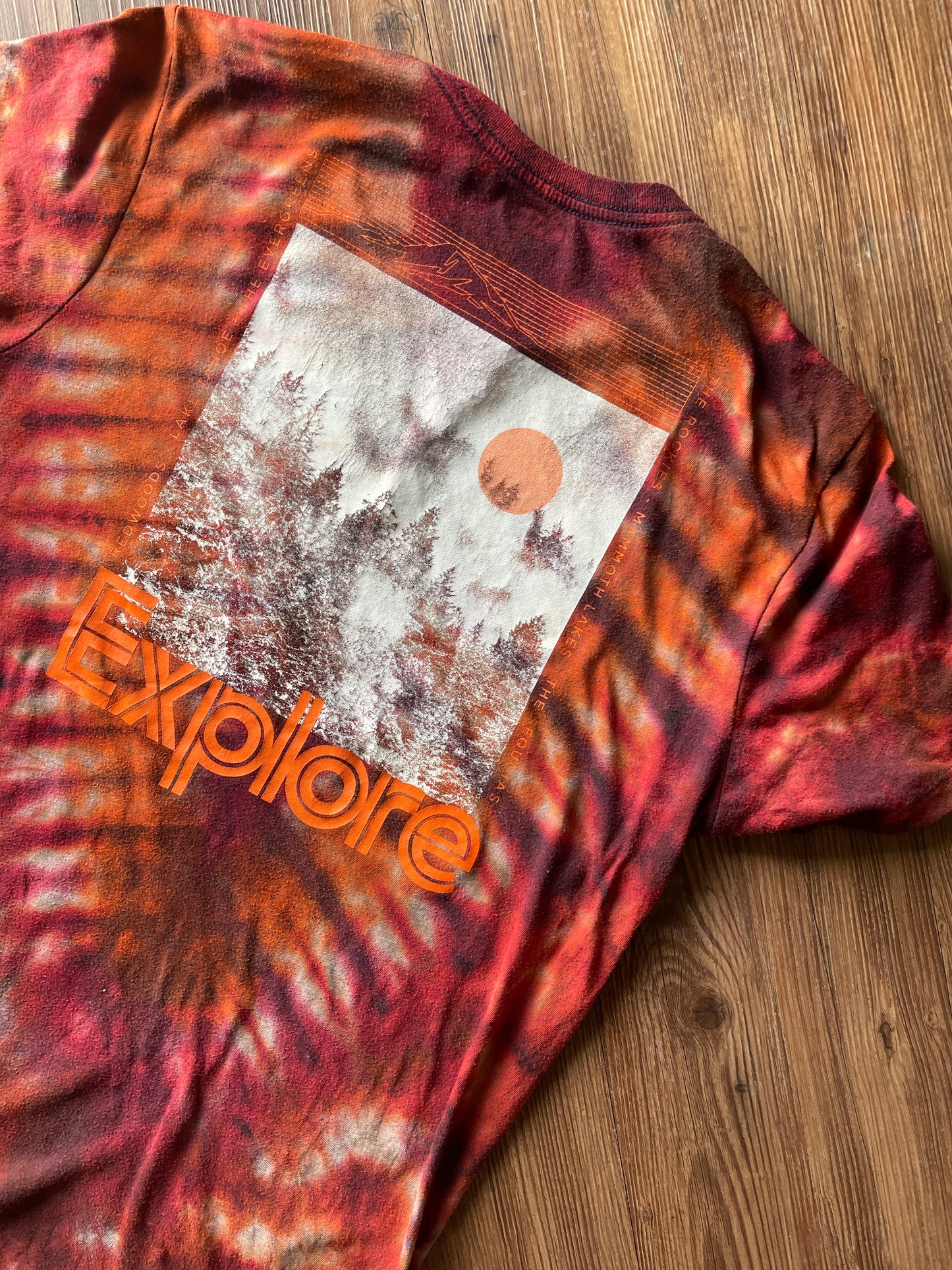 Medium Men’s Explore Mountains Handmade Tie Dye T-Shirt | Dark Red and Orange V-Pleated Tie Dye Short Sleeve