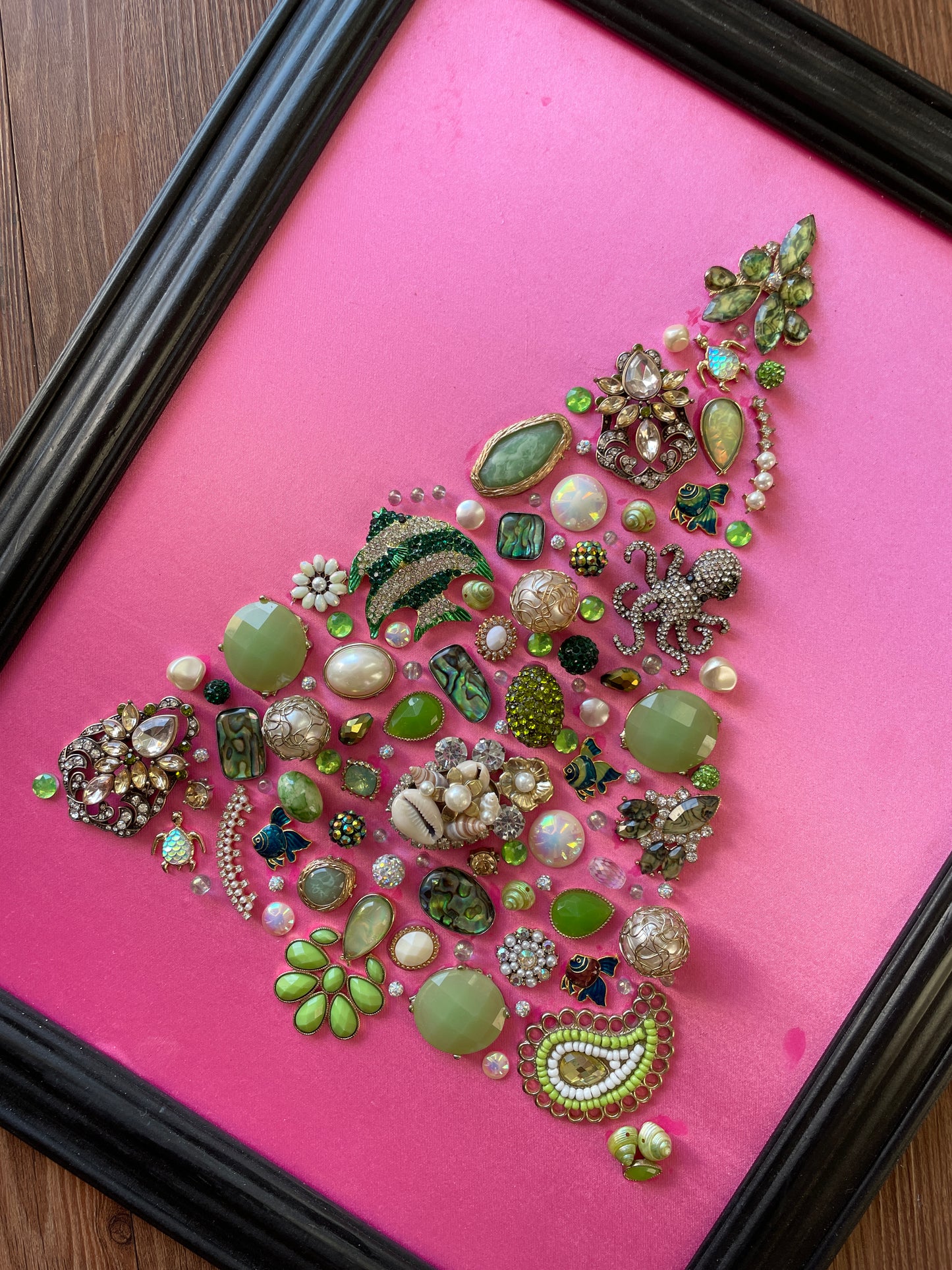 Pink, Green, and Black Framed Jewelry Christmas Tree Handmade with Over 50 Pieces of Vintage & Upcycled Jewelry