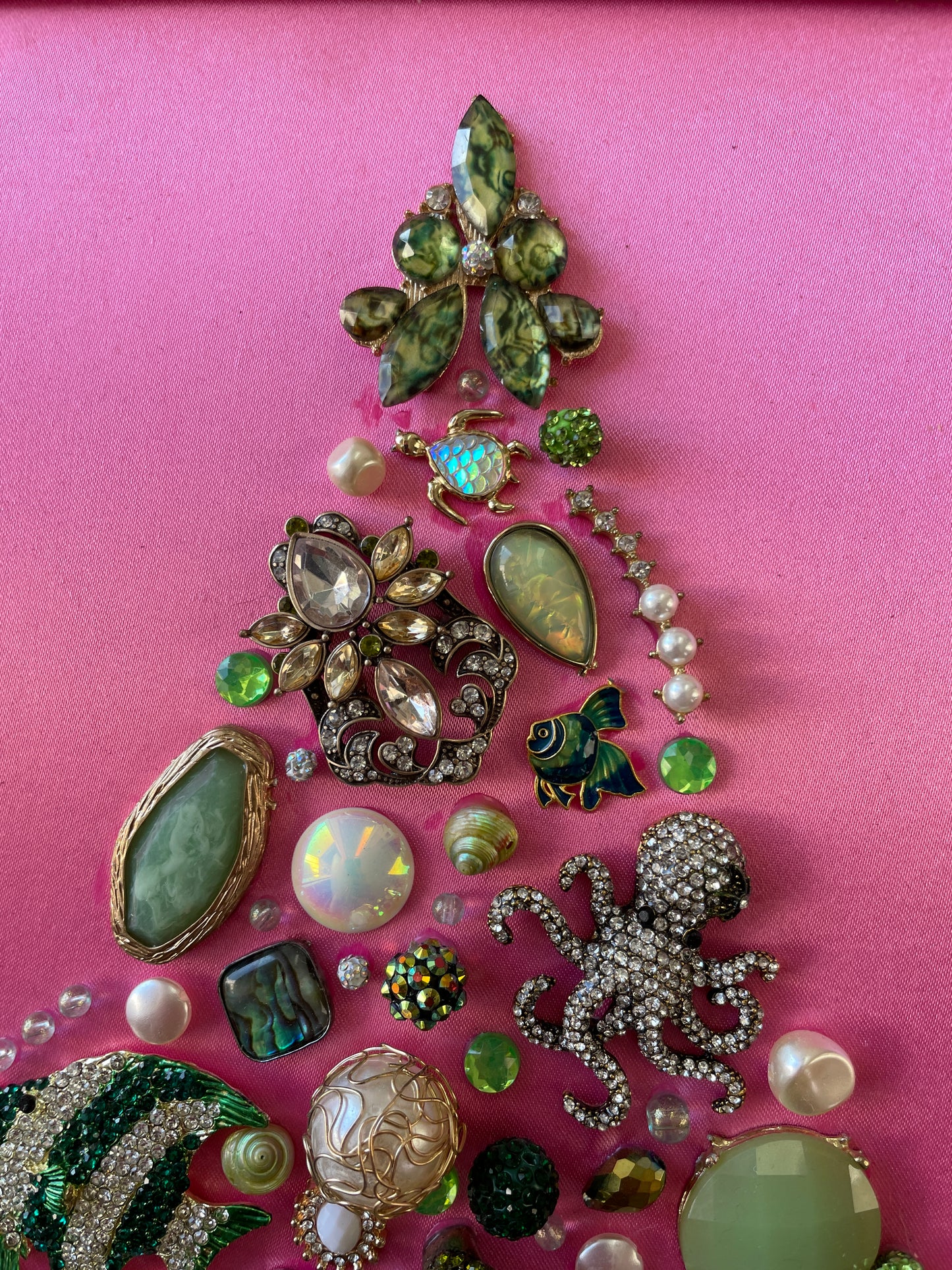 Pink, Green, and Black Framed Jewelry Christmas Tree Handmade with Over 50 Pieces of Vintage & Upcycled Jewelry