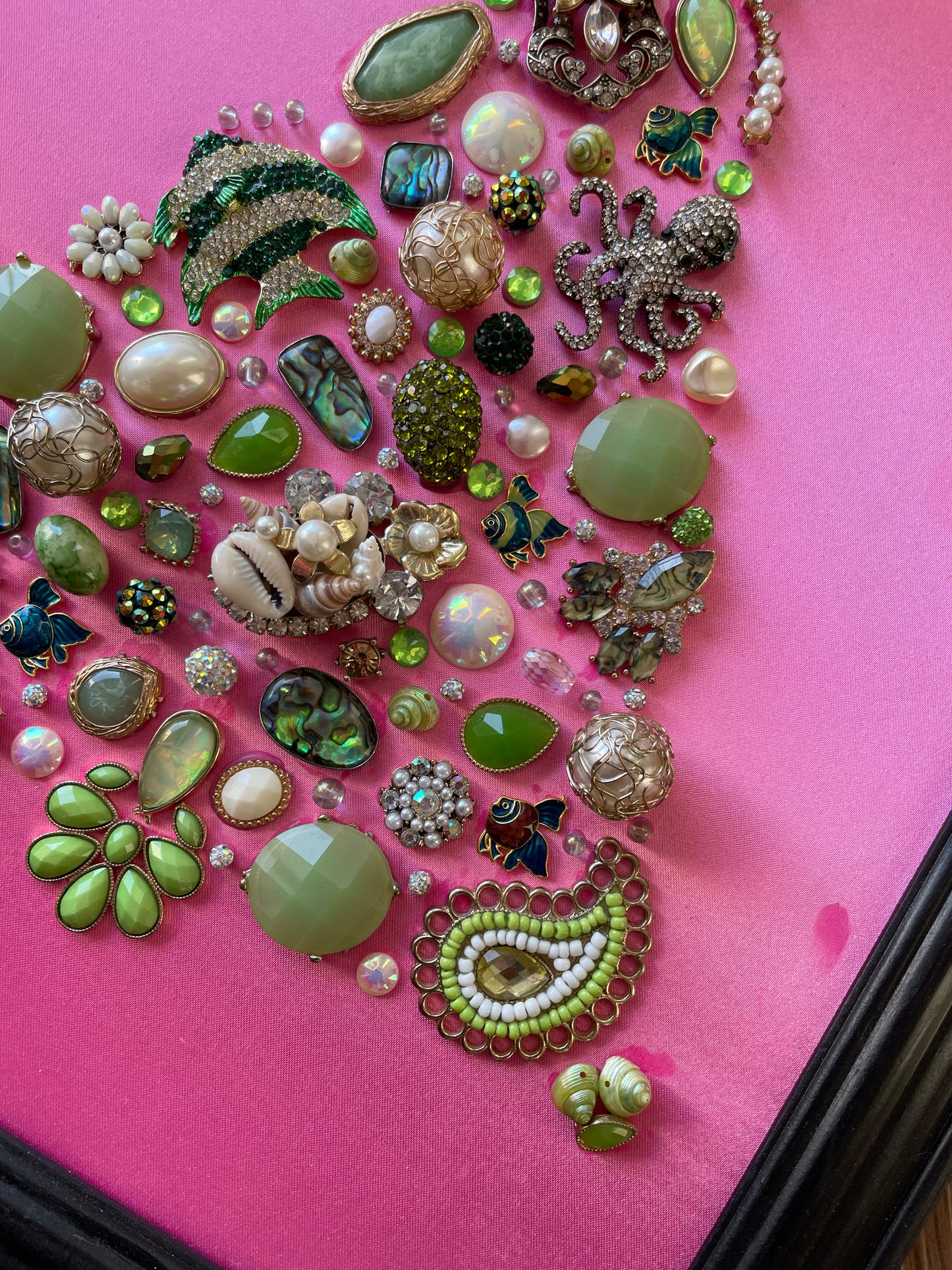 Pink, Green, and Black Framed Jewelry Christmas Tree Handmade with Over 50 Pieces of Vintage & Upcycled Jewelry