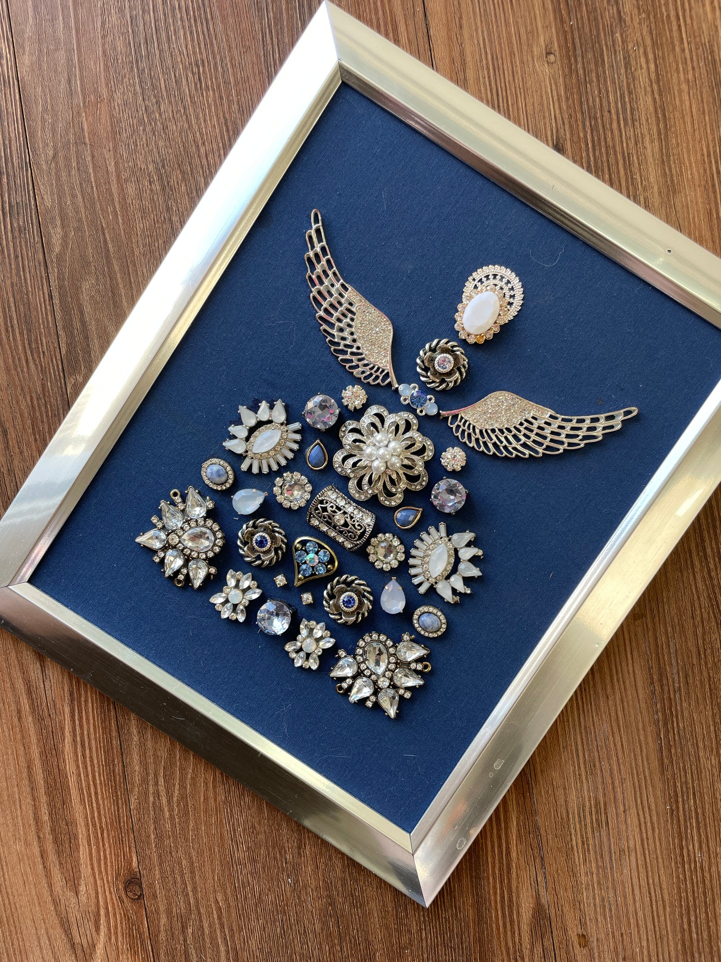 Blue and Silver Framed Jewelry Angel Christmas Tree Handmade with Over 25 Pieces of Vintage & Upcycled Jewelry