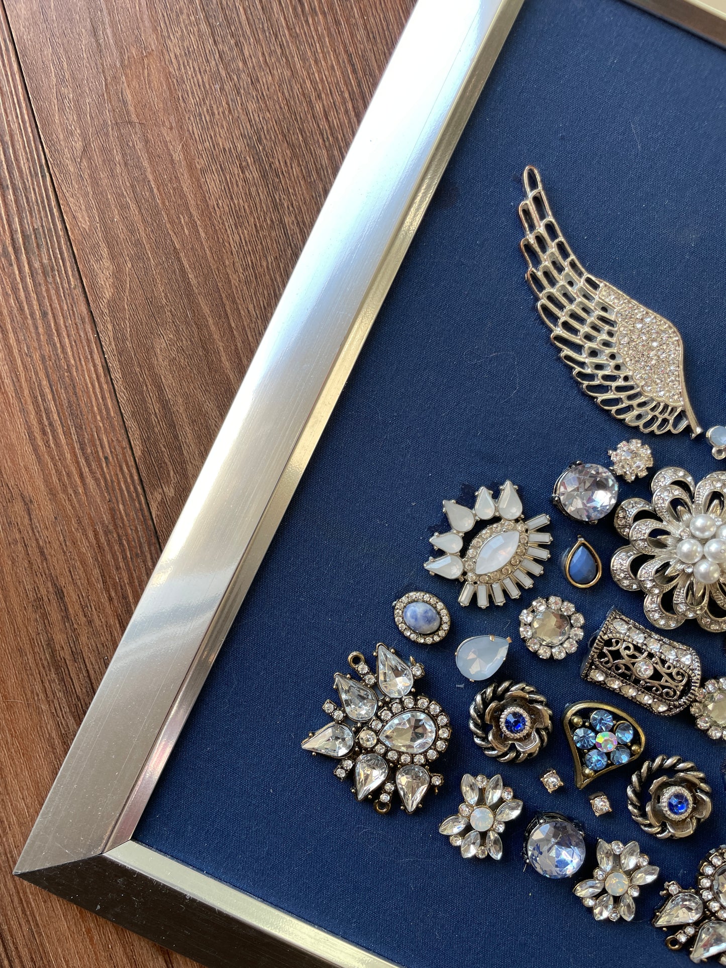 Blue and Silver Framed Jewelry Angel Christmas Tree Handmade with Over 25 Pieces of Vintage & Upcycled Jewelry