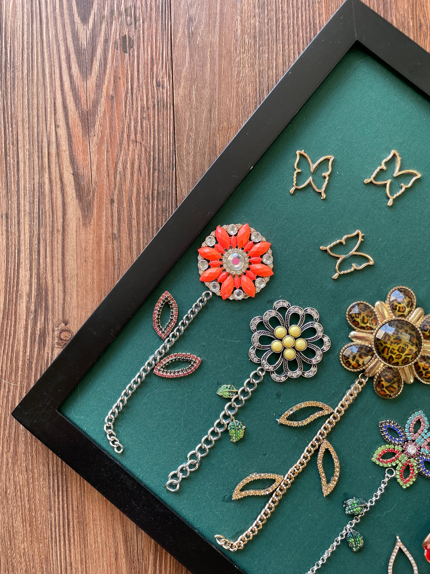 Green and Gold Framed Floral Jewelry Handmade with Over 20 Pieces of Vintage & Upcycled Jewelry