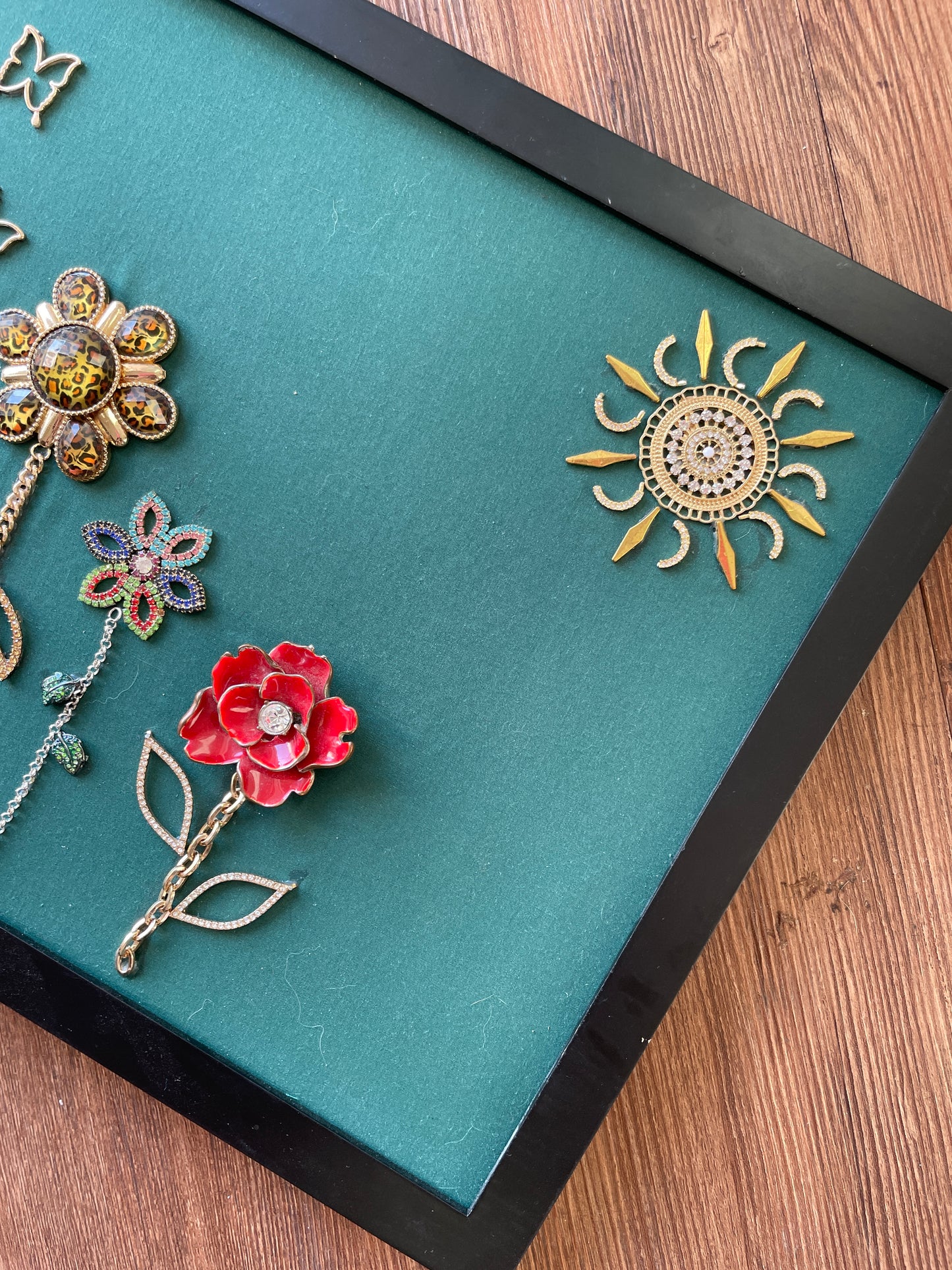 Green and Gold Framed Floral Jewelry Handmade with Over 20 Pieces of Vintage & Upcycled Jewelry