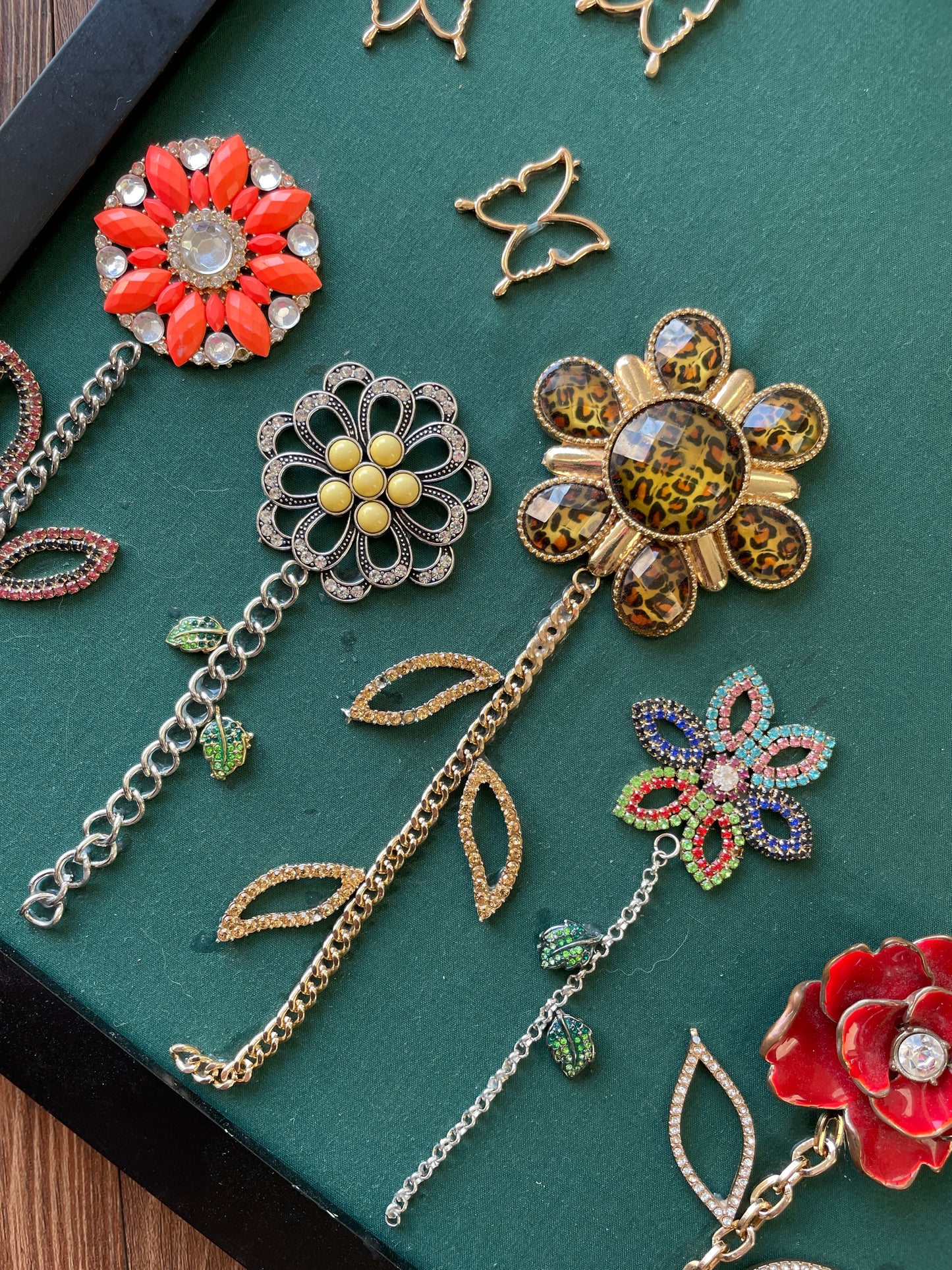 Green and Gold Framed Floral Jewelry Handmade with Over 20 Pieces of Vintage & Upcycled Jewelry