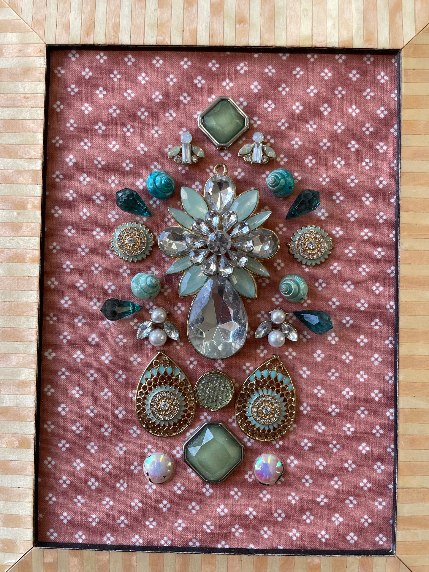 Pink, Blue, and Gold Framed Jewelry Christmas Tree Handmade with Over 25 Pieces of Vintage & Upcycled Jewelry