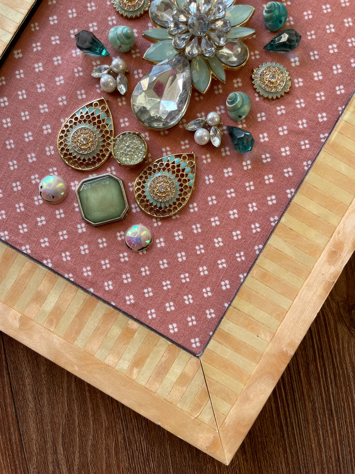 Pink, Blue, and Gold Framed Jewelry Christmas Tree Handmade with Over 25 Pieces of Vintage & Upcycled Jewelry