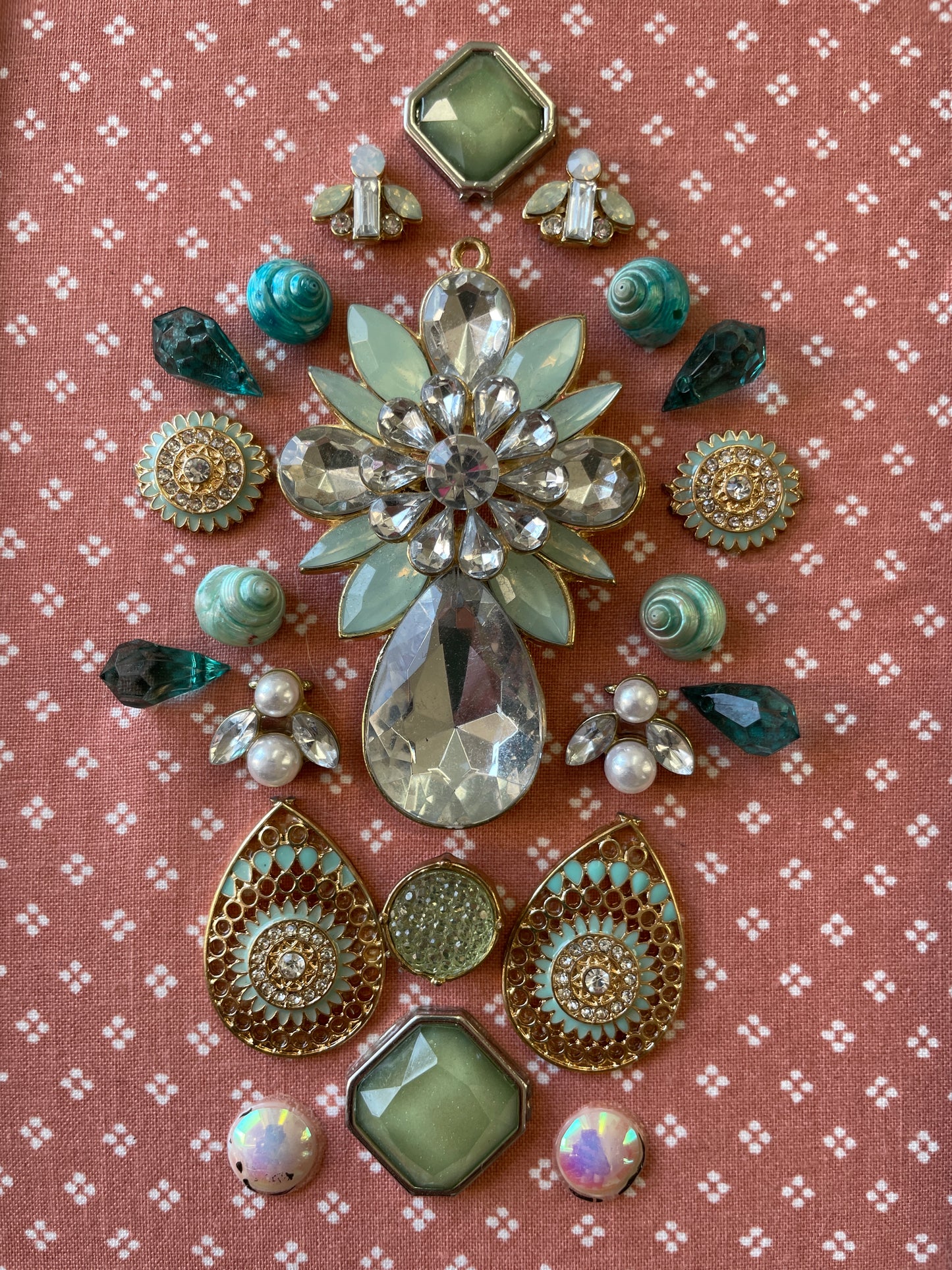 Pink, Blue, and Gold Framed Jewelry Christmas Tree Handmade with Over 25 Pieces of Vintage & Upcycled Jewelry