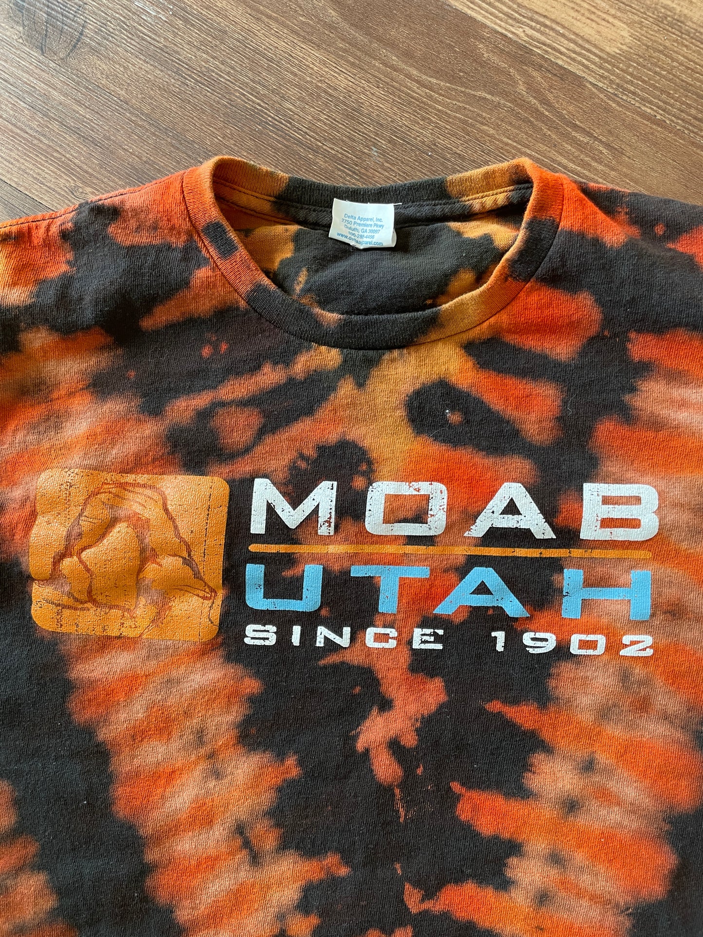 Medium/Large Men’s Moab, Utah Handmade Tie Dye T-Shirt | Black, Red, and Orange V-Pleated Tie Dye Long Sleeve