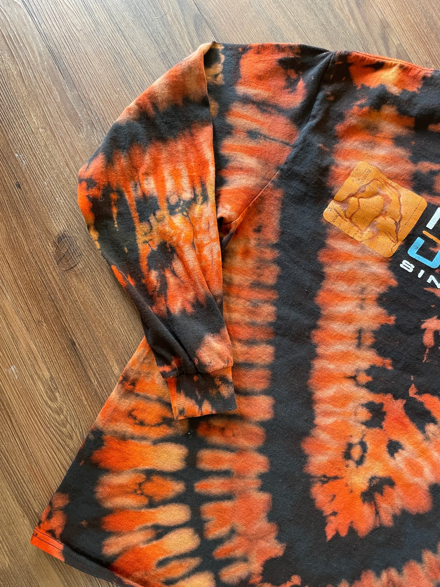 Medium/Large Men’s Moab, Utah Handmade Tie Dye T-Shirt | Black, Red, and Orange V-Pleated Tie Dye Long Sleeve