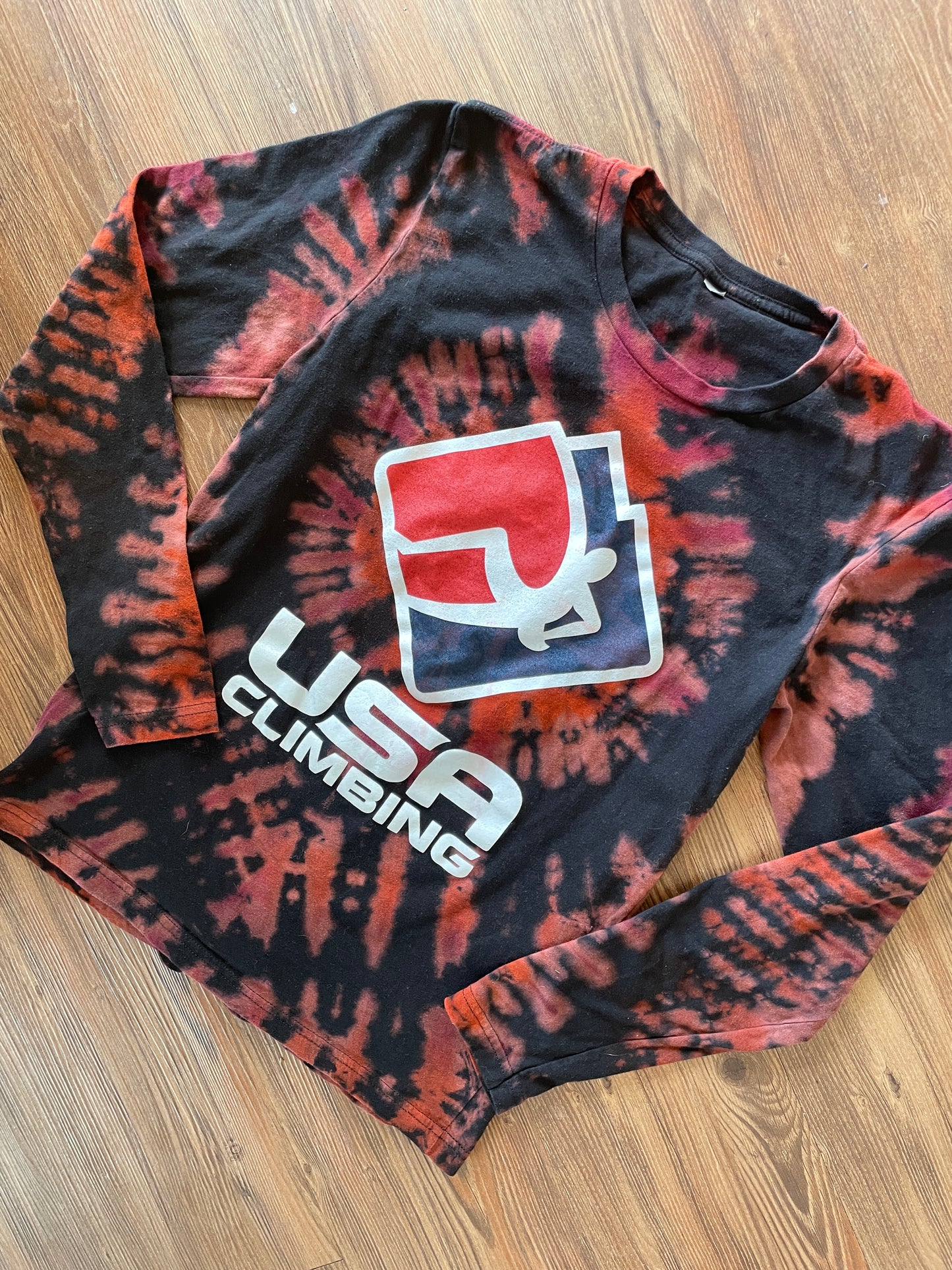 Small Men’s USA Climbing Handmade Tie Dye T-Shirt | Black, Red, and Orange Pleated Tie Dye Long Sleeve