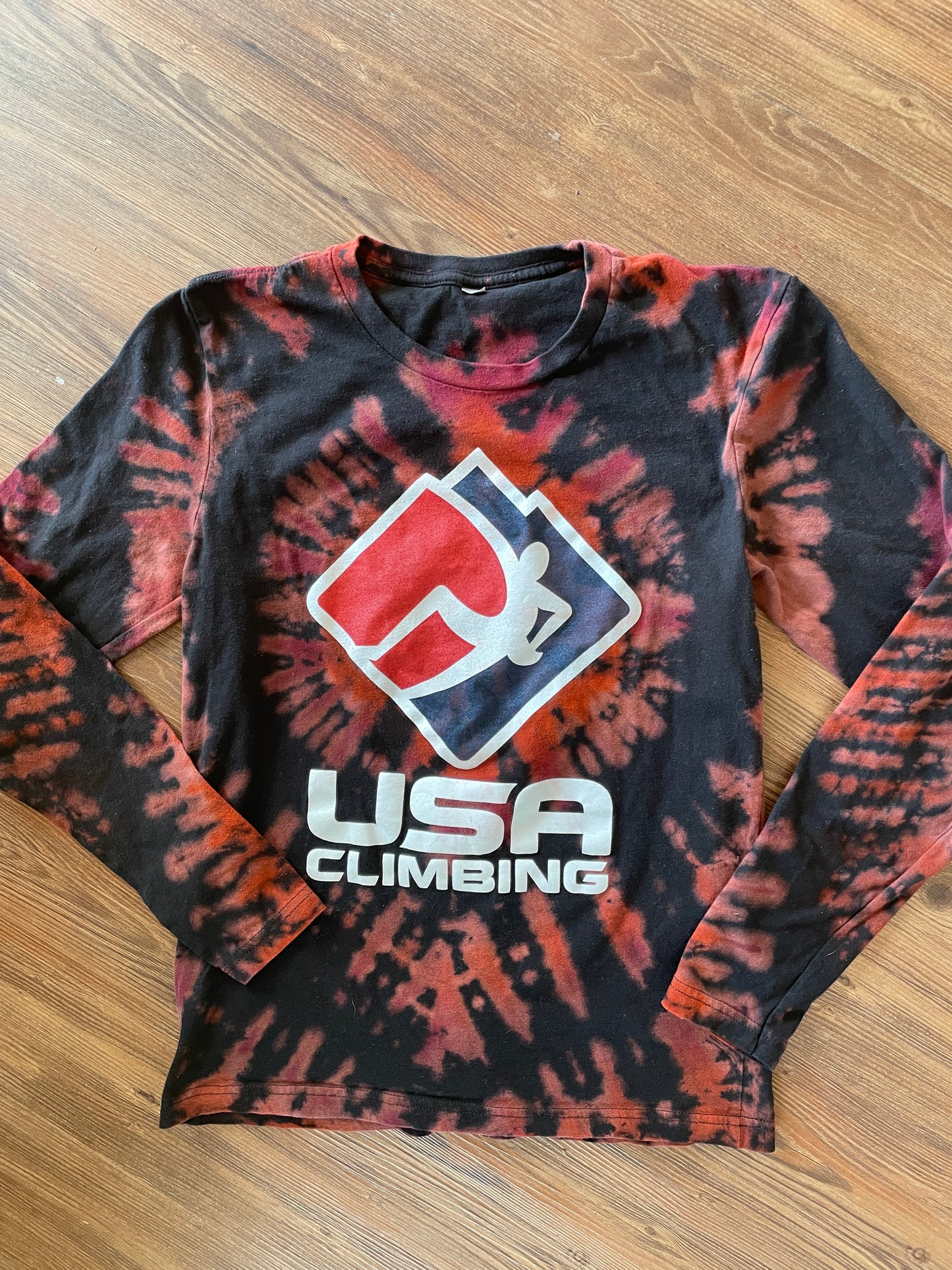 Small Men’s USA Climbing Handmade Tie Dye T-Shirt | Black, Red, and Orange Pleated Tie Dye Long Sleeve