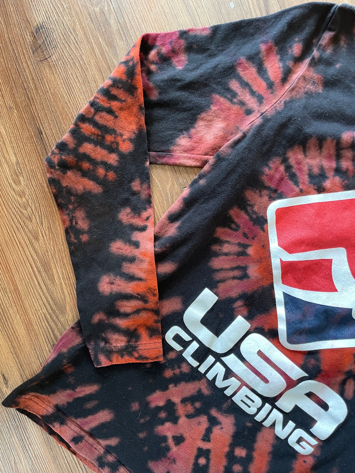 Small Men’s USA Climbing Handmade Tie Dye T-Shirt | Black, Red, and Orange Pleated Tie Dye Long Sleeve