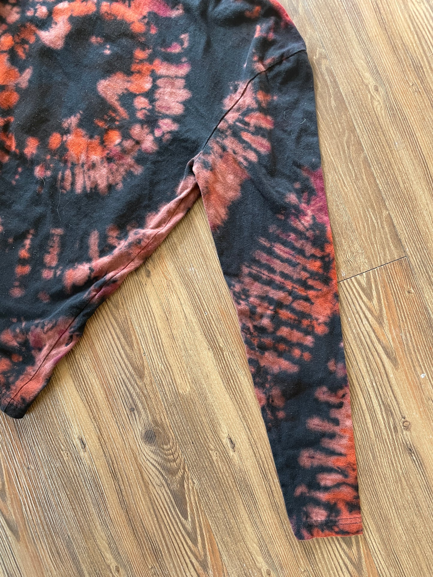 Small Men’s USA Climbing Handmade Tie Dye T-Shirt | Black, Red, and Orange Pleated Tie Dye Long Sleeve