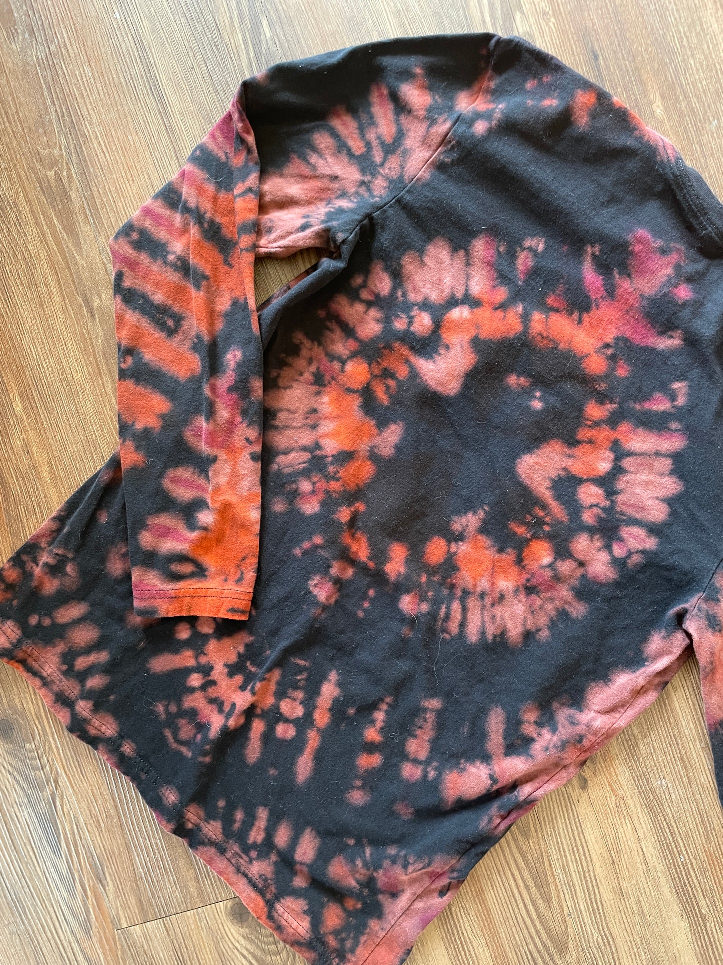 Small Men’s USA Climbing Handmade Tie Dye T-Shirt | Black, Red, and Orange Pleated Tie Dye Long Sleeve