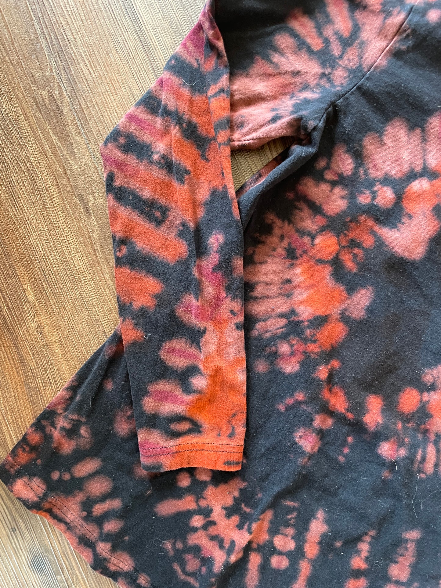 Small Men’s USA Climbing Handmade Tie Dye T-Shirt | Black, Red, and Orange Pleated Tie Dye Long Sleeve