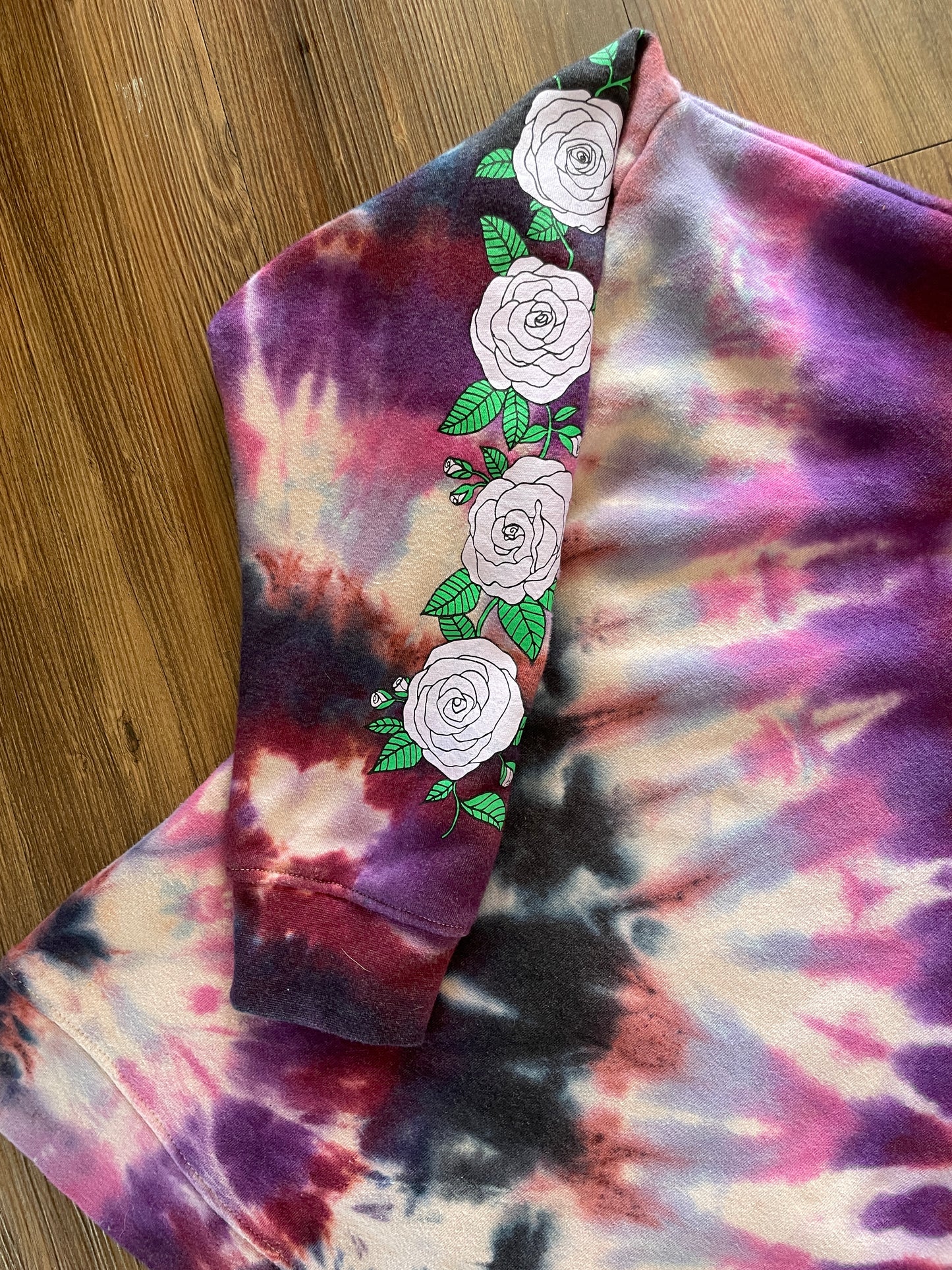 Medium Women's Empyre Dead Roses Handmade Tie Dye Hoodie | Pink and Purple Pleated Tie Dye Long Sleeve Sweatshirt