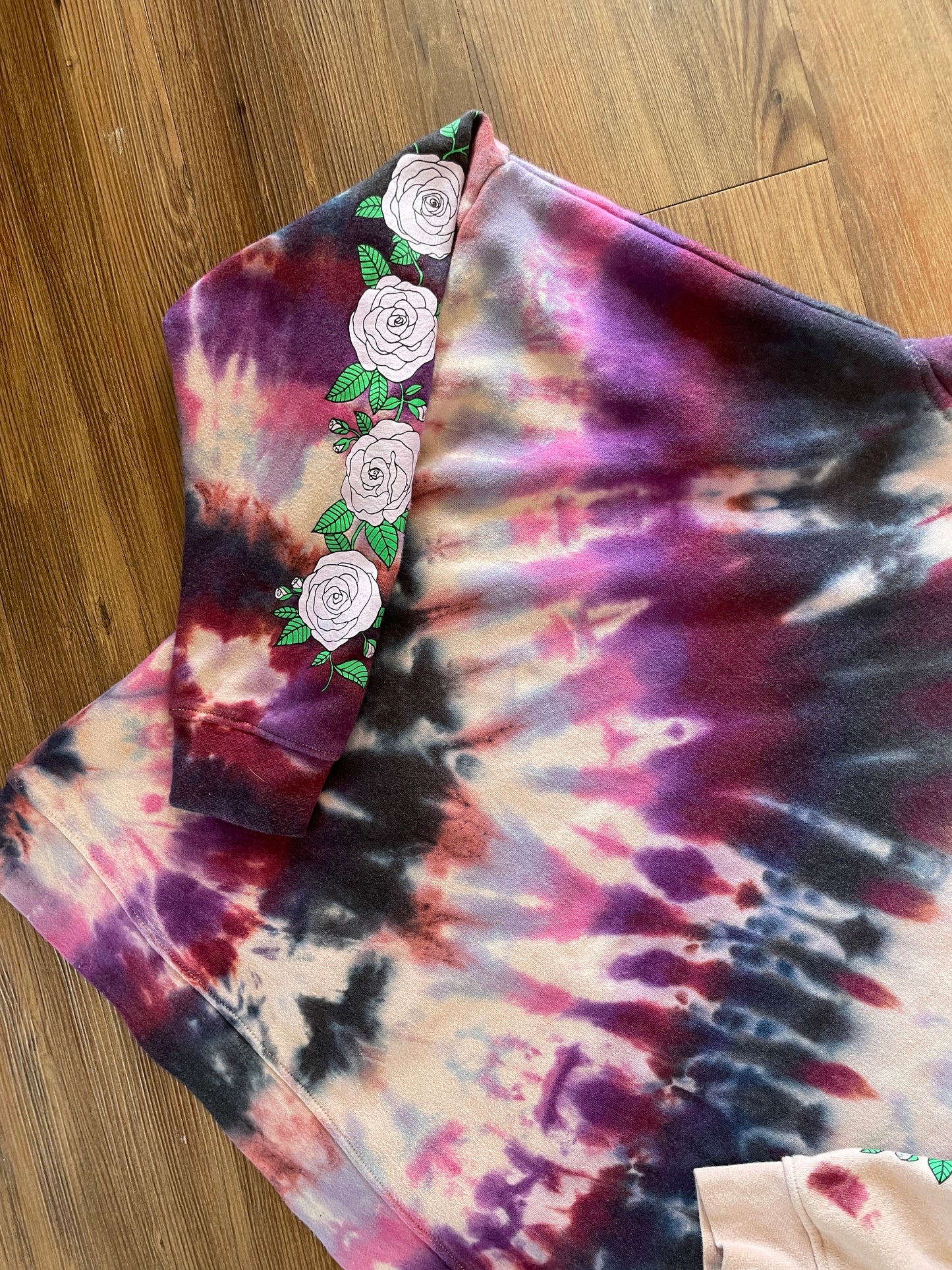 Medium Women's Empyre Dead Roses Handmade Tie Dye Hoodie | Pink and Purple Pleated Tie Dye Long Sleeve Sweatshirt